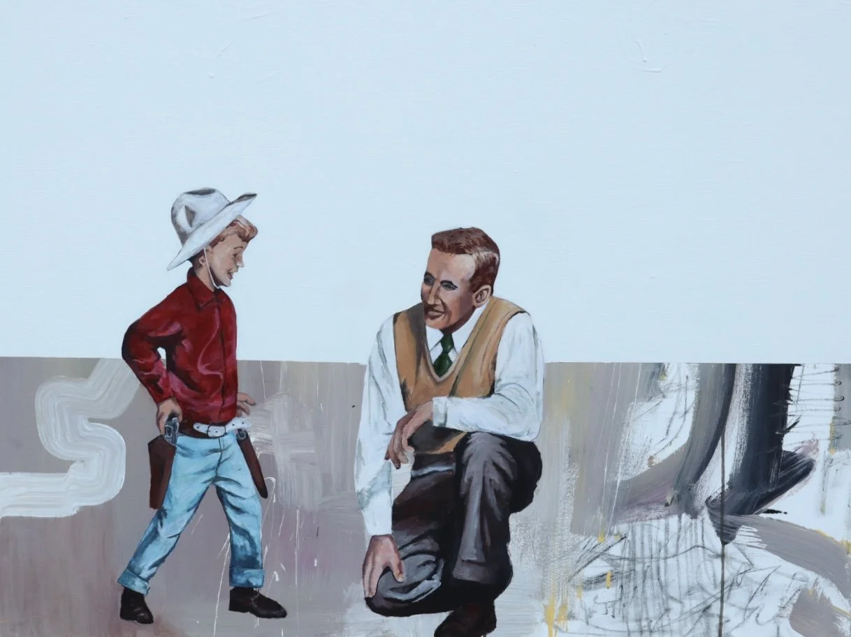 A mural of a man and a boy having a conversation. The boy is standing with his hands on his hips, wearing a white hat, red shirt, and light blue pants. The man is squatting down with one knee on the ground, wearing a white shirt, brown vest, and dark