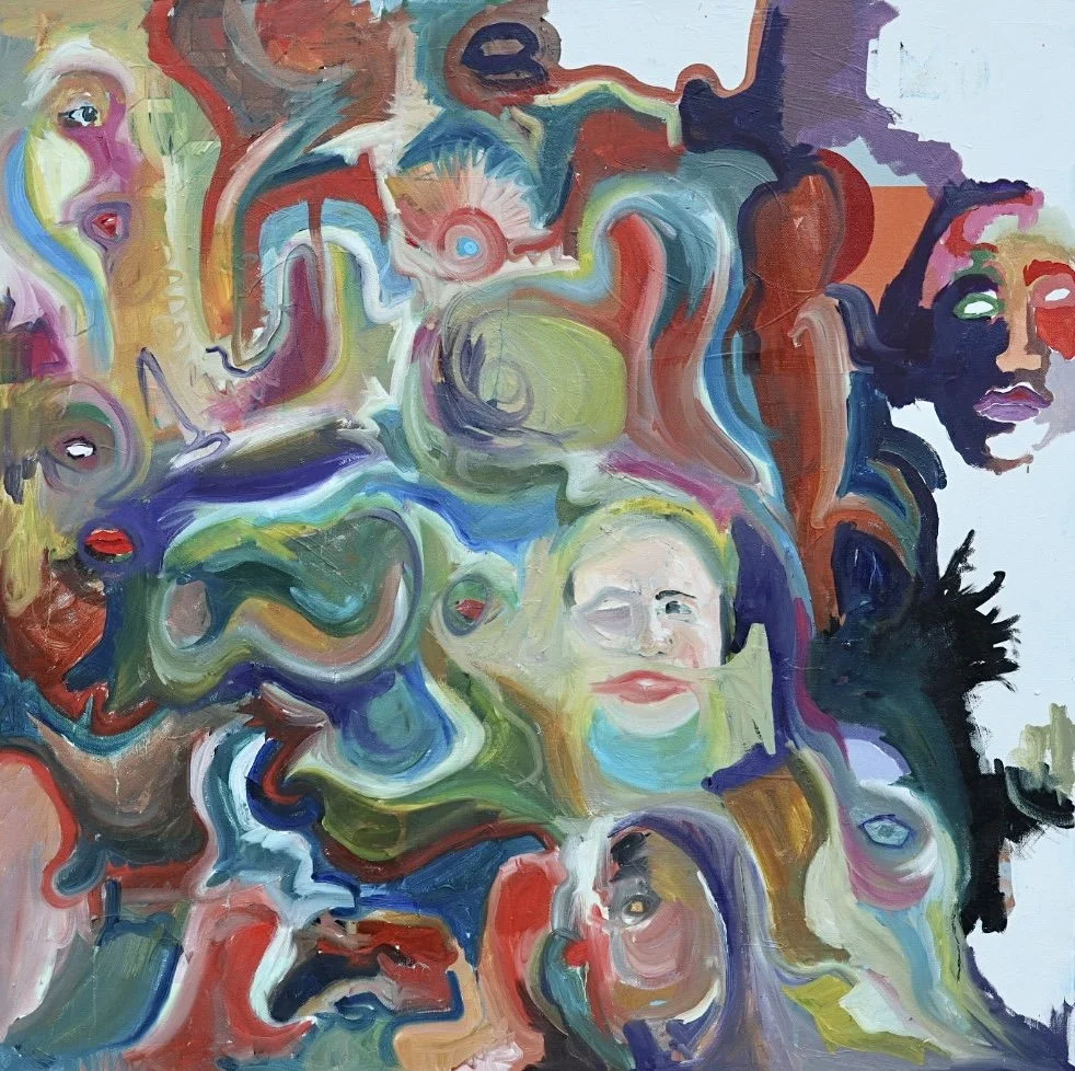 Abstract colorful painting with distorted faces and smiling faces blending into swirling shapes.