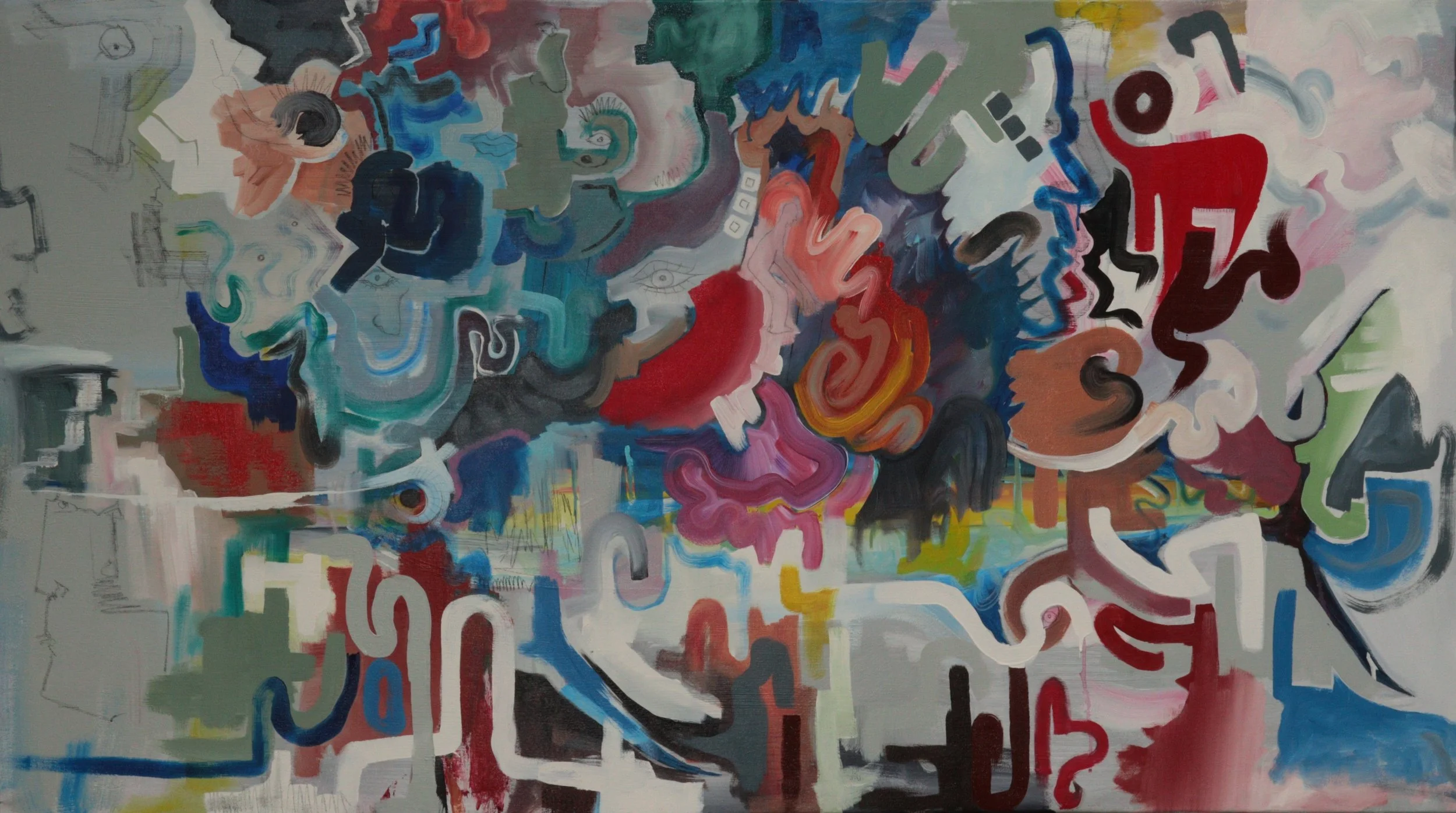 An abstract painting featuring a swirl of colorful, intertwined shapes, lines, and patterns with various shades of red, blue, green, black, pink, and brown, creating a vibrant, chaotic composition.