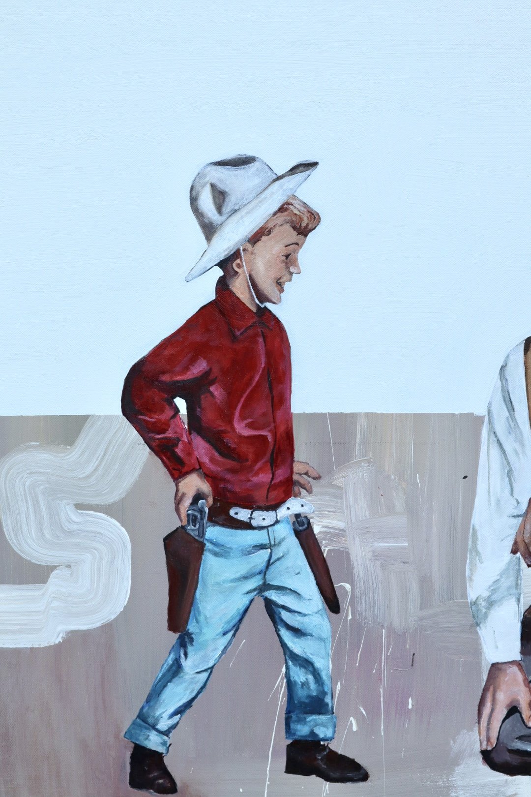 Painting of a young cowboy with a hat, red shirt, jeans, and holsters with guns, standing and looking down.