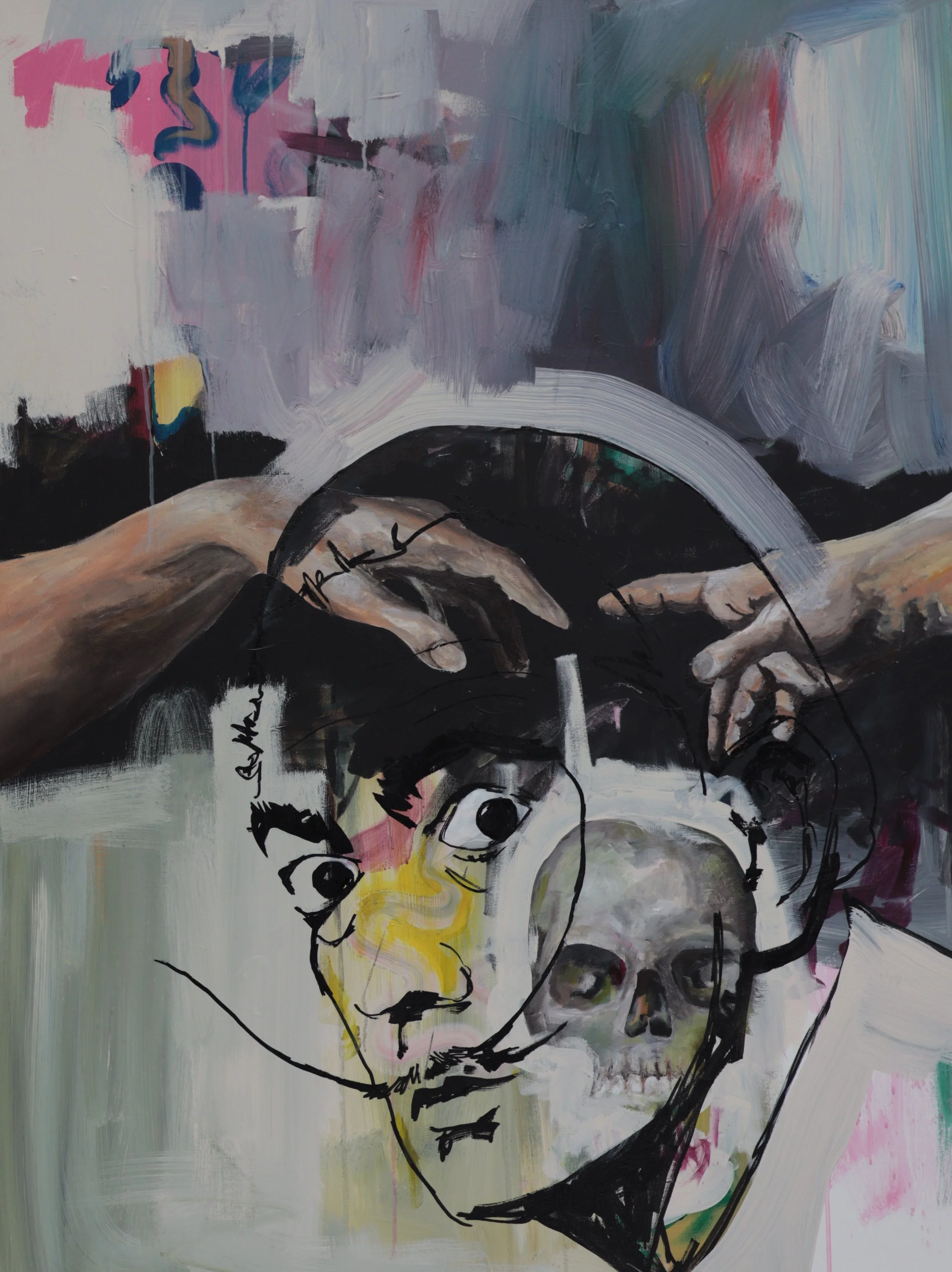 An abstract painting combining realistic hands reaching towards a skull with a child's face, with expressive brushstrokes and mixed media elements.