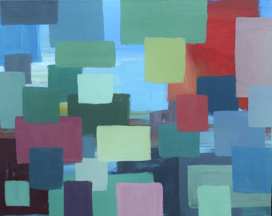 Abstract painting with overlapping rectangles in shades of blue, green, red, pink, and gray.