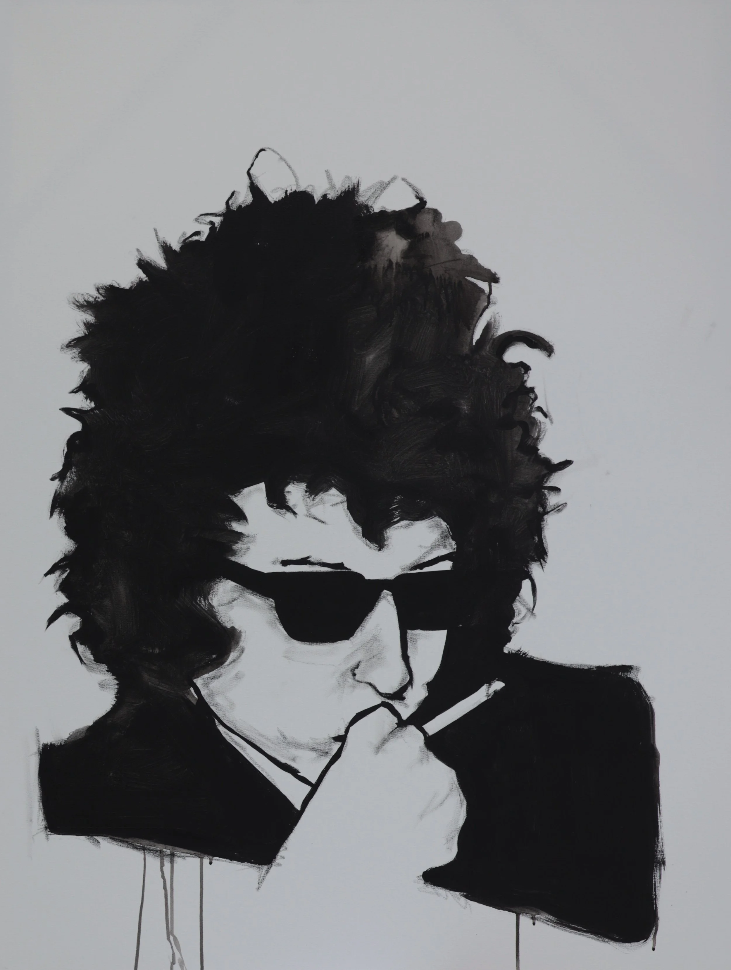 Black and white illustration of a man with curly hair, wearing sunglasses, smoking a cigarette, in a suit.