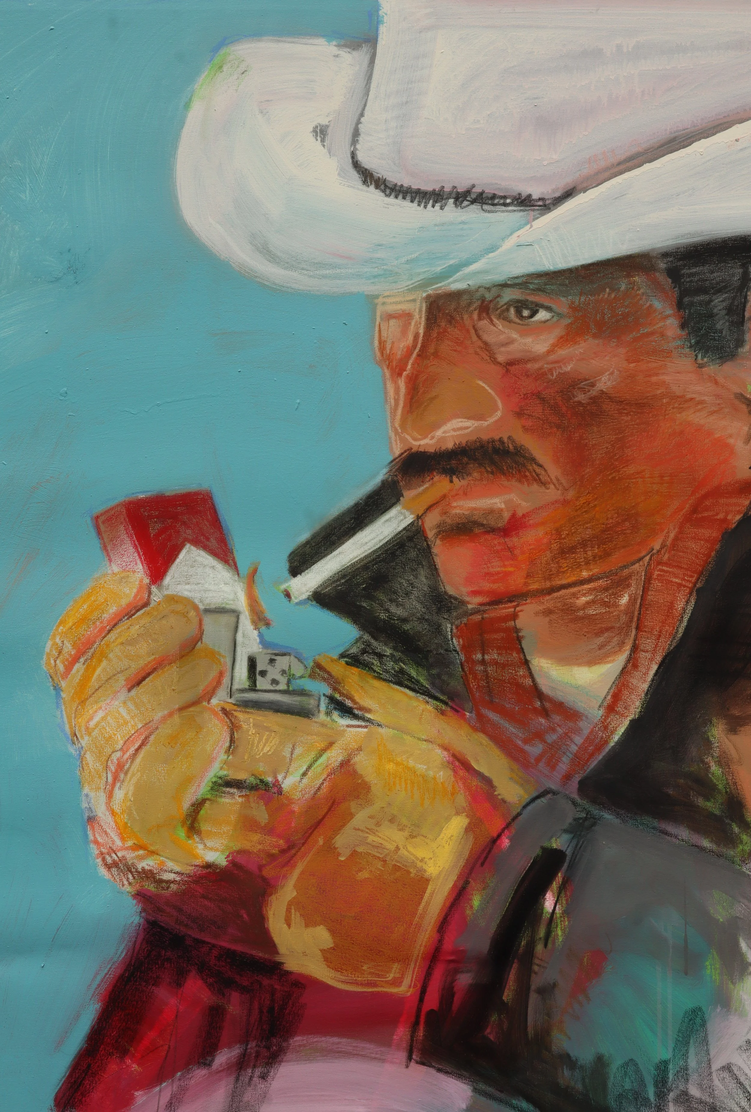 A painting of a man with a hat smoking a cigarette and holding a small object, with a bright blue background.