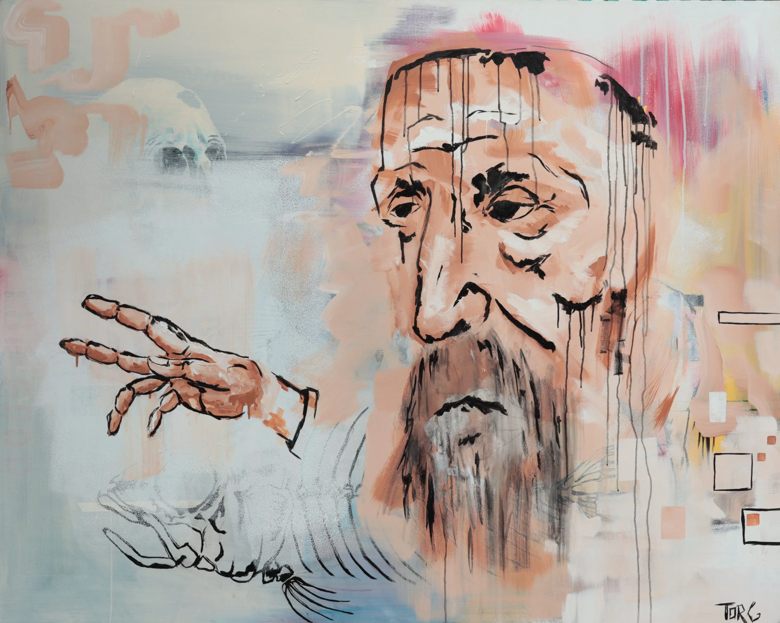 A mixed media portrait of an elderly man with a long beard, painted with abstract brushstrokes and black outlines, with a distant skull in the background.