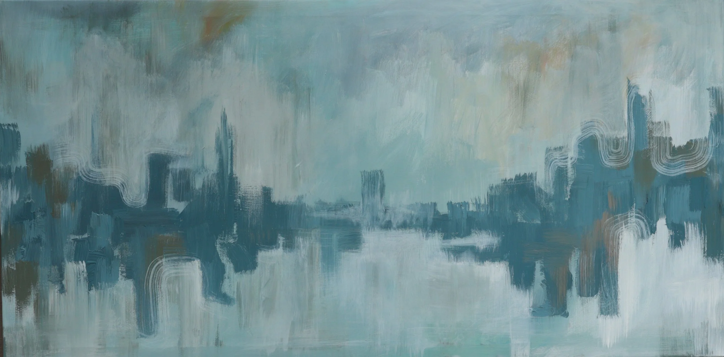 Abstract painting of a city skyline reflected on water in shades of blue, gray, and hints of beige.