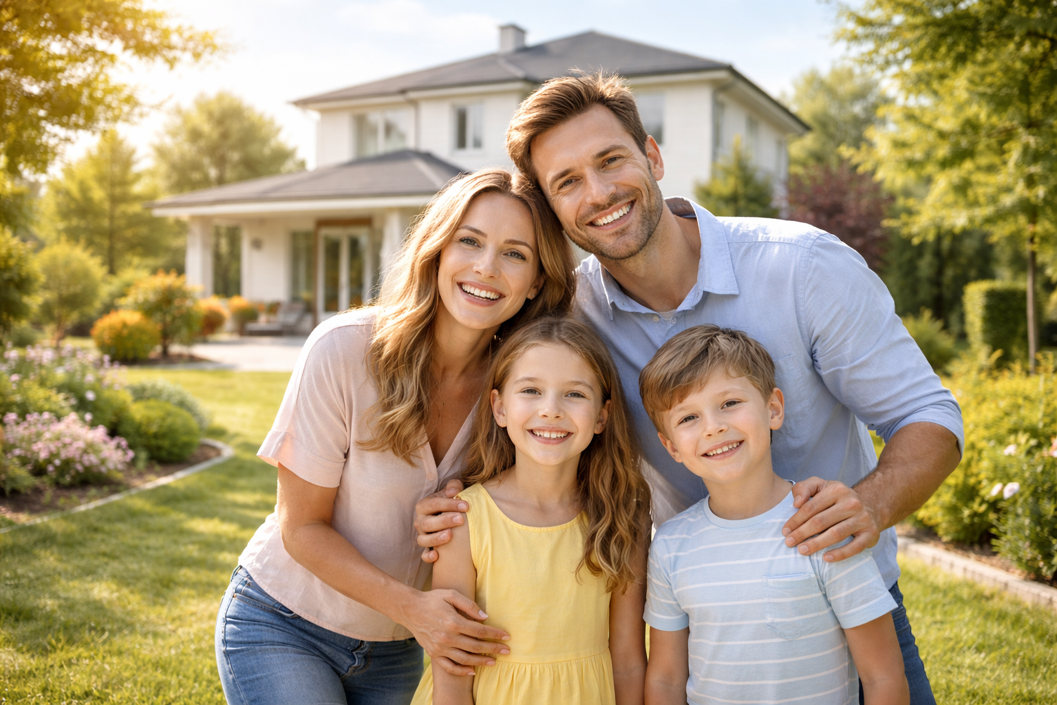 Eine glückliche Familie mit zwei Kindern vor einem modernen Haus im Garten bei Sonnenlicht.