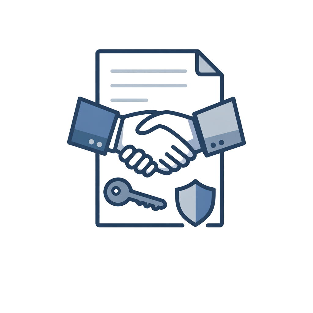 Symbolbild für Datenschutz oder Datensicherheit, Hände schütteln vor einem Safe mit Schlüssel und Schutzschild.