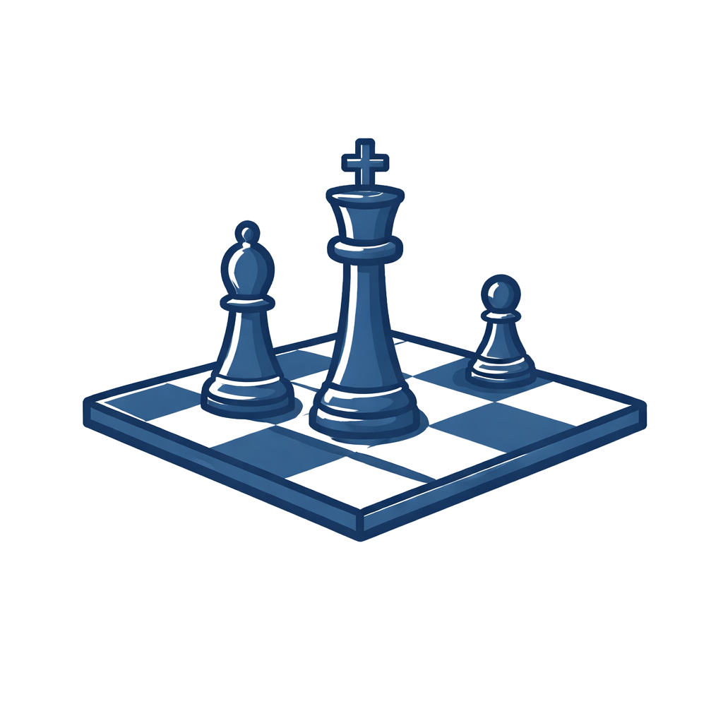 Schachbrett mit Schachfiguren, Fokus auf die Dame in der Mitte and der Spitze, und zwei weitere Figuren, ein Bauer und ein Turm, aus Holz, in dunklem Blau.