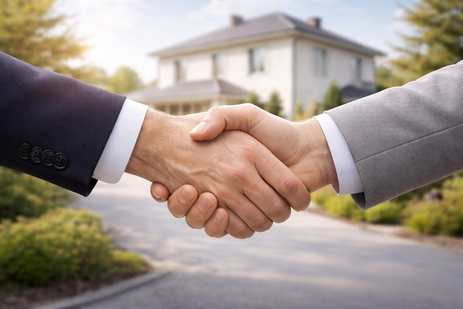 Nahaufnahme eines Händeschüttelns zwischen zwei Personen vor einem Haus, im Hintergrund ein Haus mit Garten.