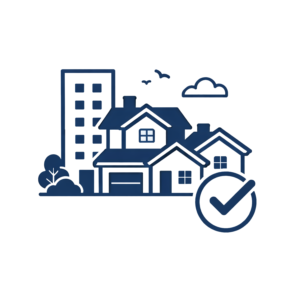 Grafik eines Hauses, einer Wohnung und eines Gebäudes mit einem Häkchen-Symbol, das auf eine Prüfung oder Genehmigung hinweist.