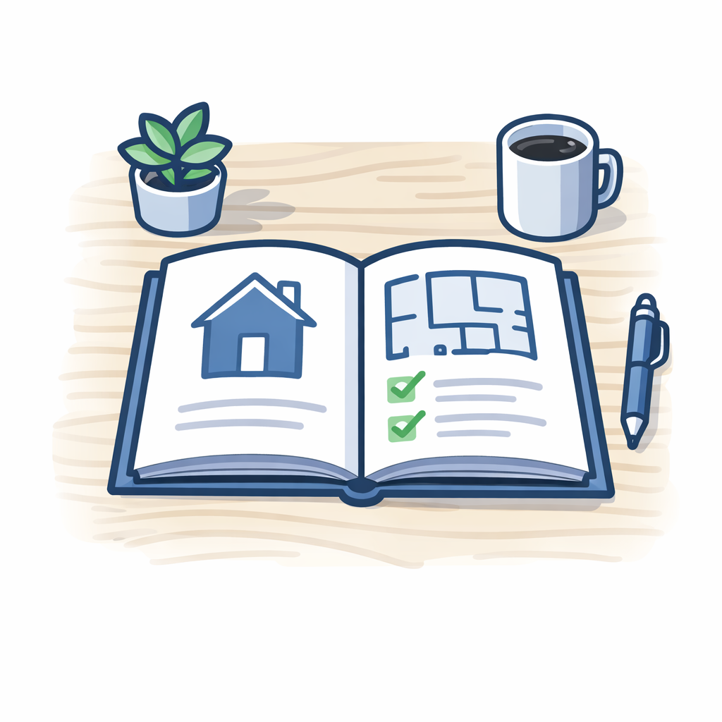 Ein geöffnetes Haus- und Grundriss-Buch auf einem Tisch mit einer Kaffeetasse, einer Pflanze, einem Stift und einem Notizblock.