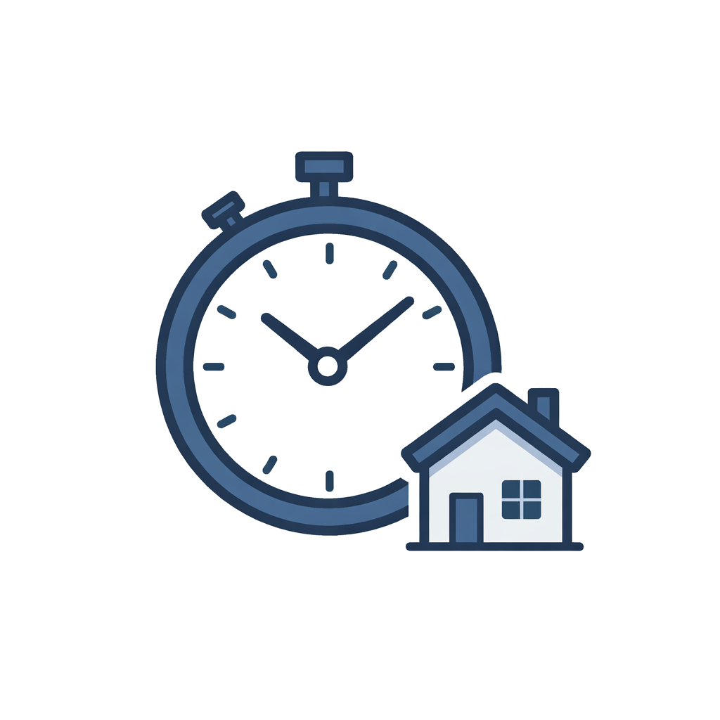 Ein Stoppuhr mit einem kleinen Haus davor, symbolisiert die Zeitersparnis oder schnelle Hausbesuche.