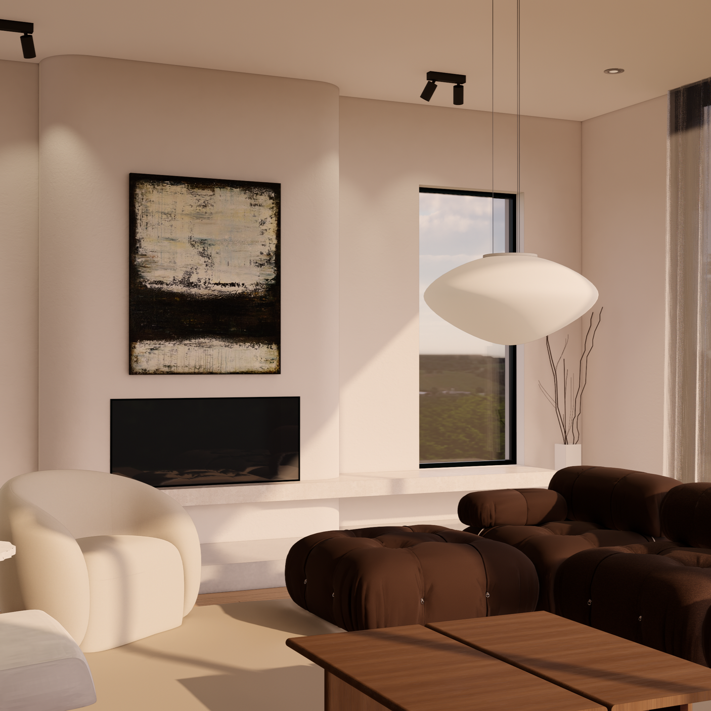 Le cœur de la maison est le vaste salon, doté de grandes baies vitrées qui s’ouvrent sur le jardin, inondant l’intérieur de lumière naturelle et assurant une continuité harmonieuse entre intérieur et extérieur.