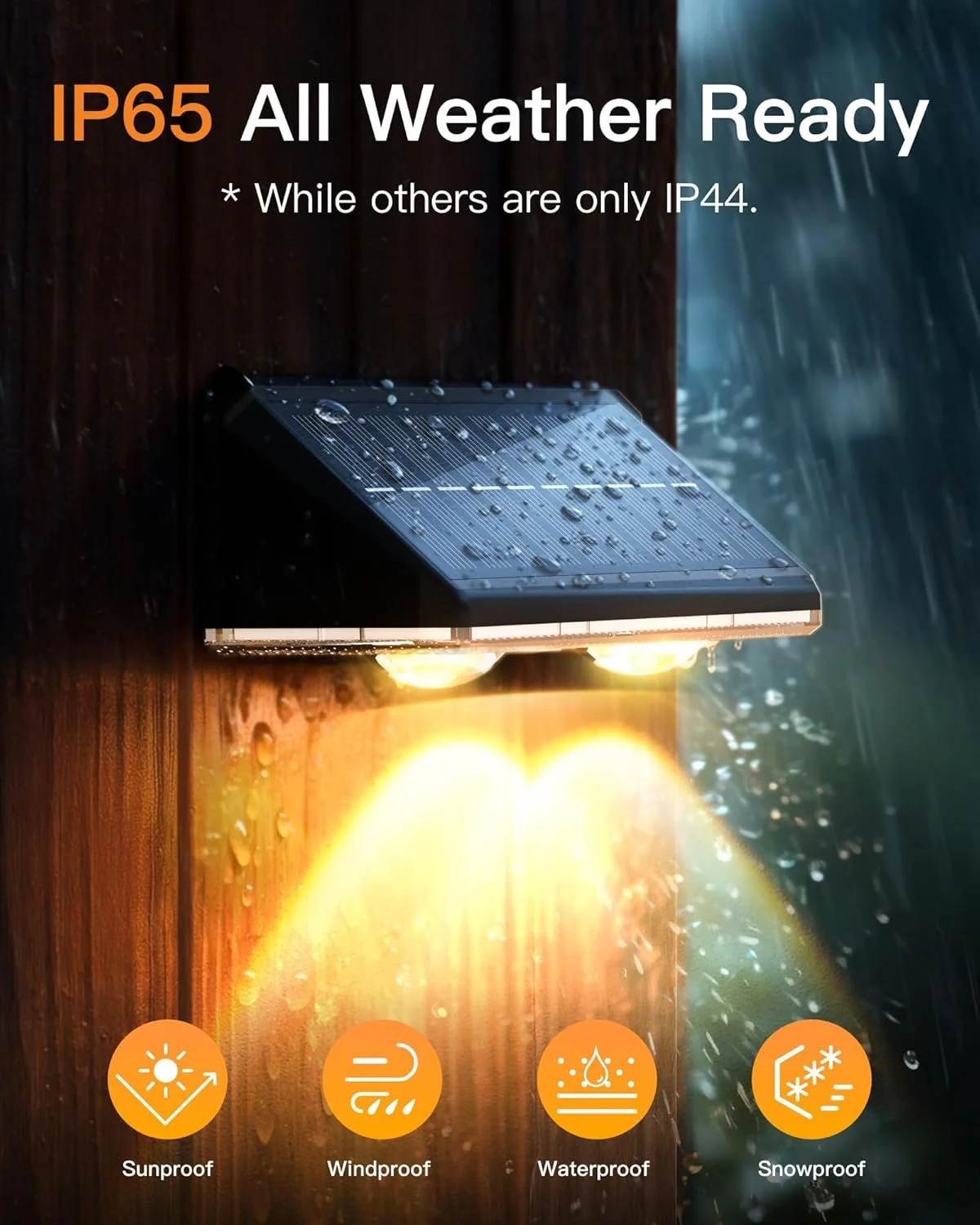 Close-up of a solar-powered outdoor light attached to a wooden wall in the rain, with water droplets on the surface, displaying icons for sunproof, windproof, waterproof, and snowproof.
