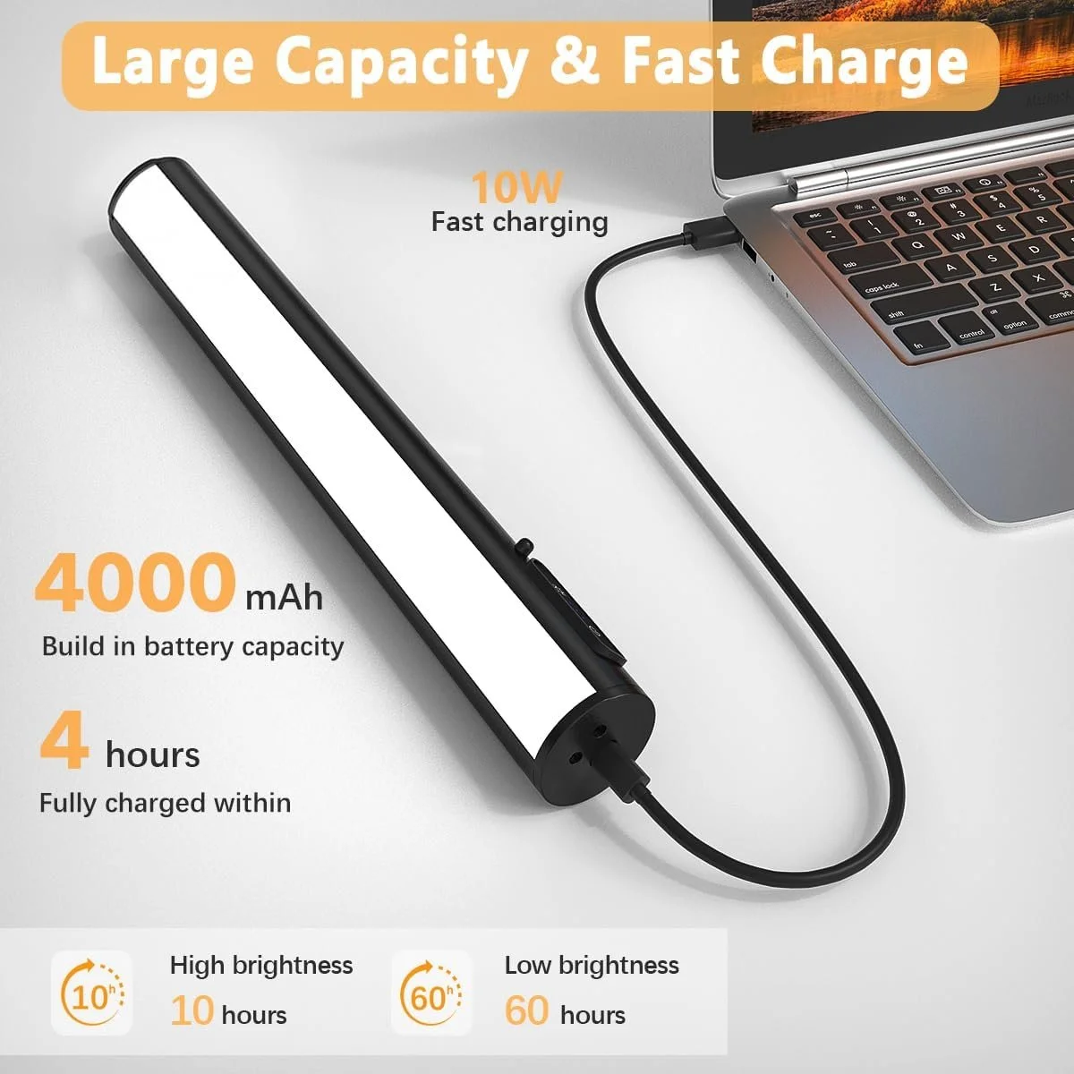 A portable power bank connected to a laptop via a USB cable, with text highlighting its large capacity, fast charge, 4000 mAh battery, 4-hour full charge, with adjustable brightness settings for 10 or 60 hours.