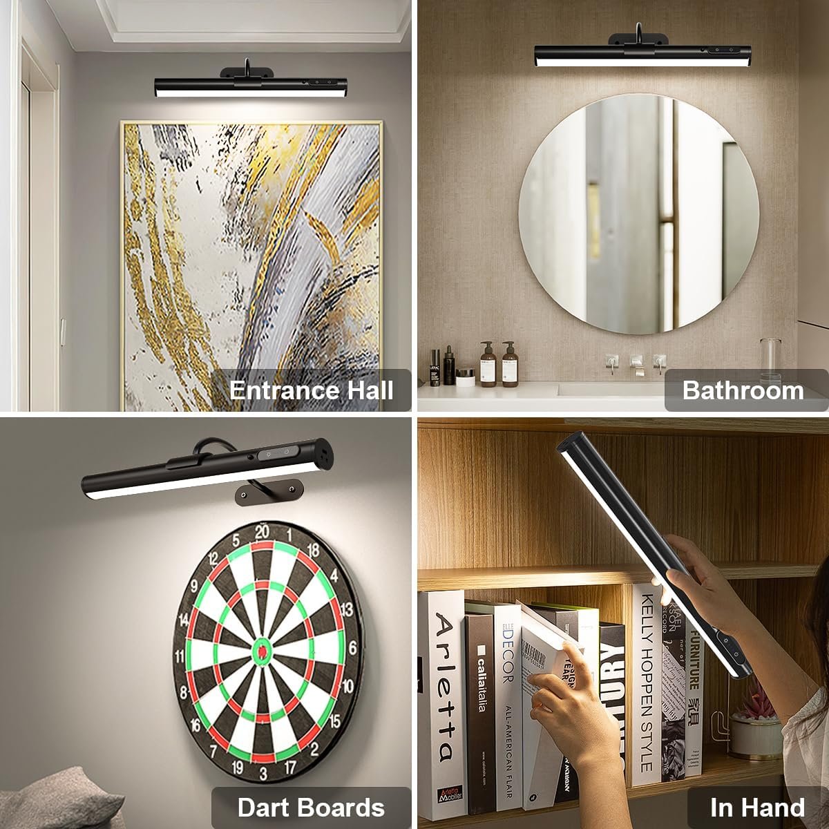 Four images showing different lighting fixtures and their uses: a modern black LED light above an abstract painting in an entrance hall, a round mirror with a light fixture above a bathroom sink, a dartboard with overhead LED light, and a person hold