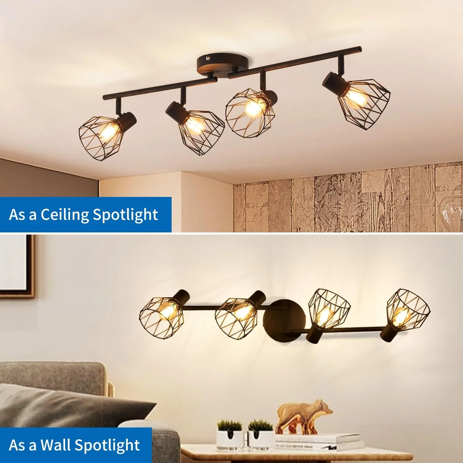 Two types of black metal light fixtures with multiple exposed bulbs, featured as ceiling and wall spotlights in room decor.