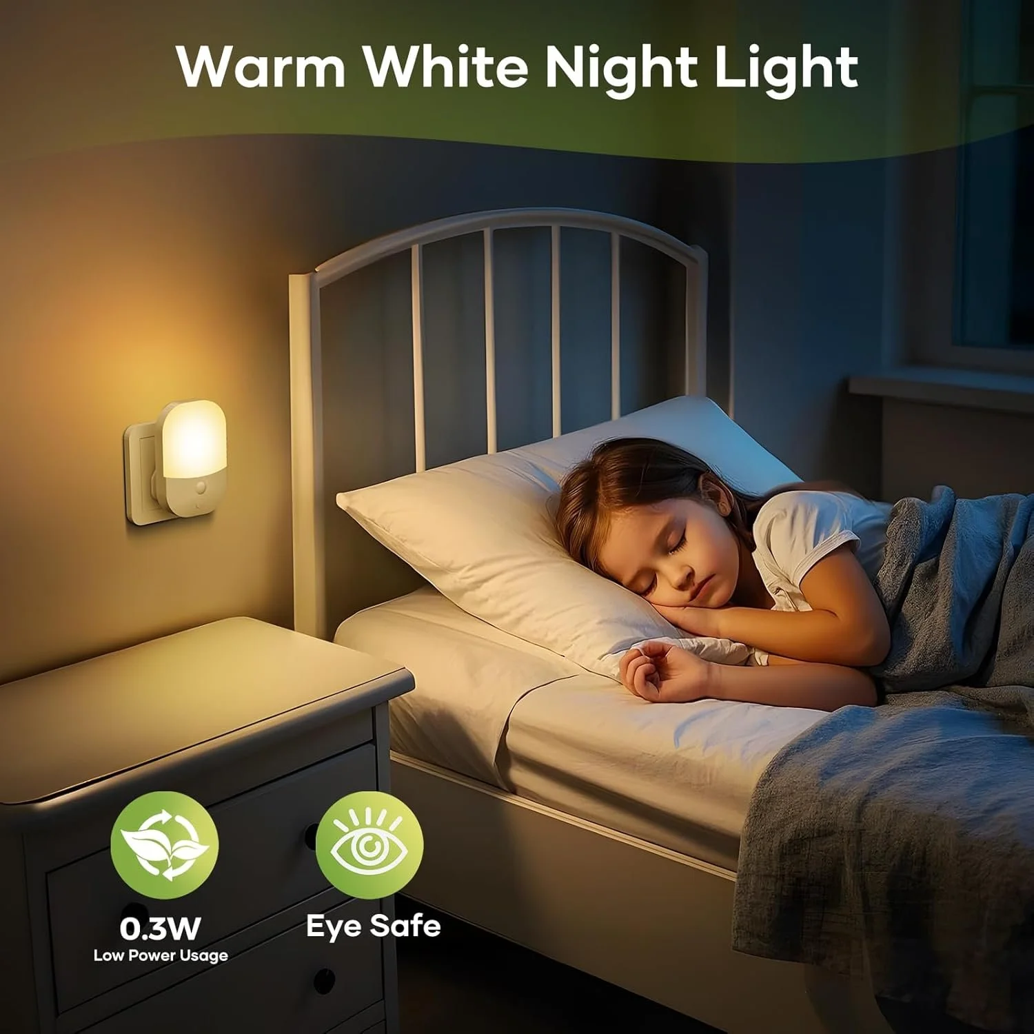 A girl sleeping in bed at night, illuminated by a warm white night light attached to the wall next to her bed, promoting low power usage and eye safety.