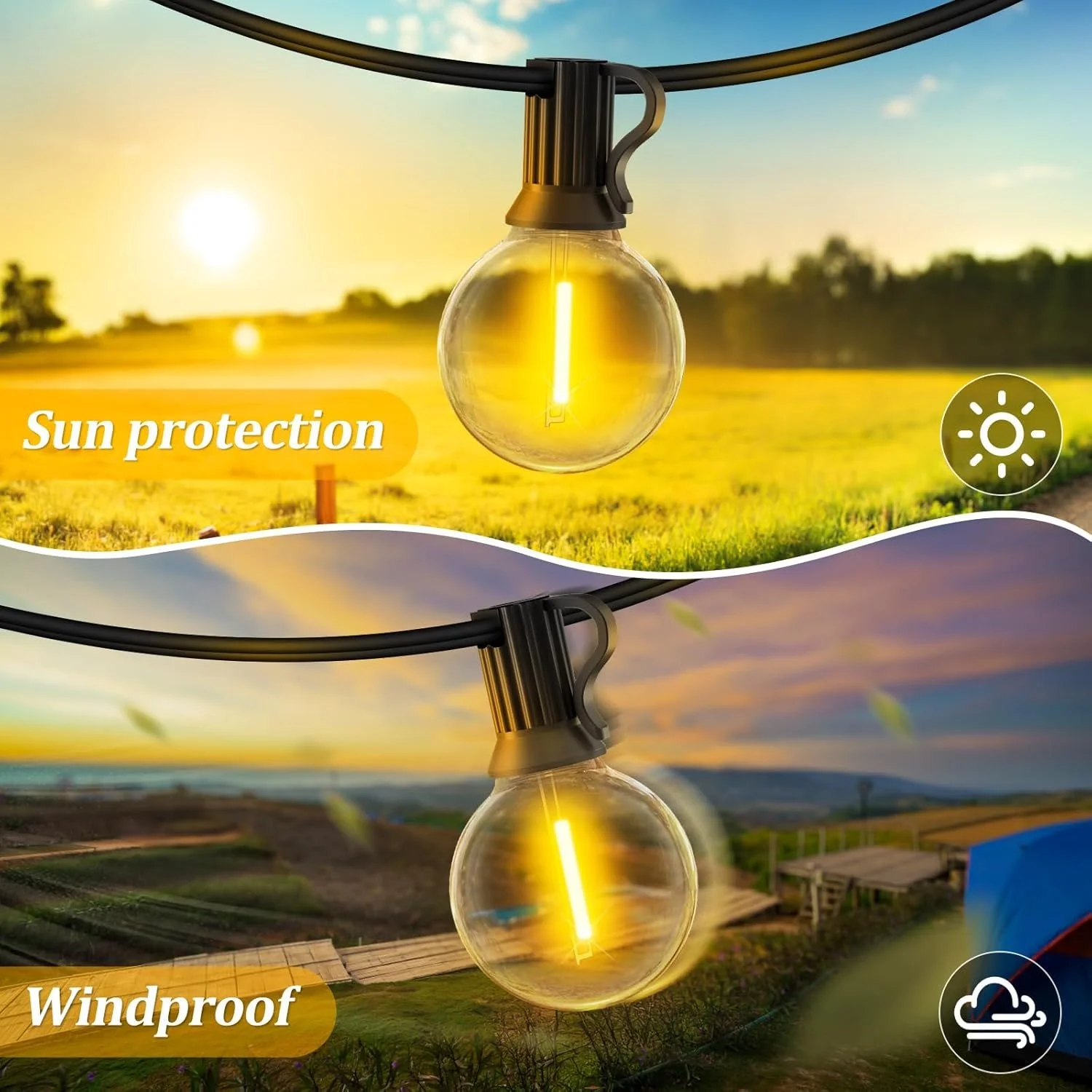 Comparison of a string of outdoor string lights between sun protection and windproof conditions, showing the lights in daytime with sun and in windy evening with wind