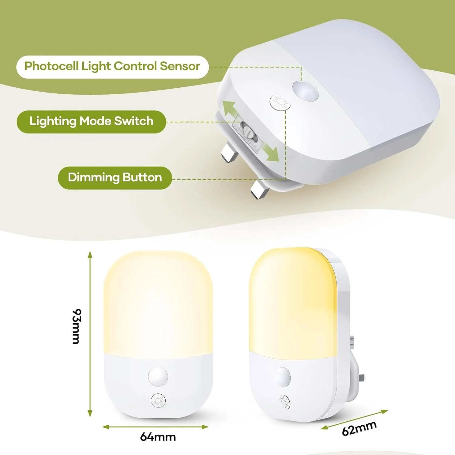 Diagram showing a night light with labeled parts including photocell light control sensor, lighting mode switch, and dimming button. The night light measurements are 93mm in height, 64mm and 62mm in width, with illuminated sections.