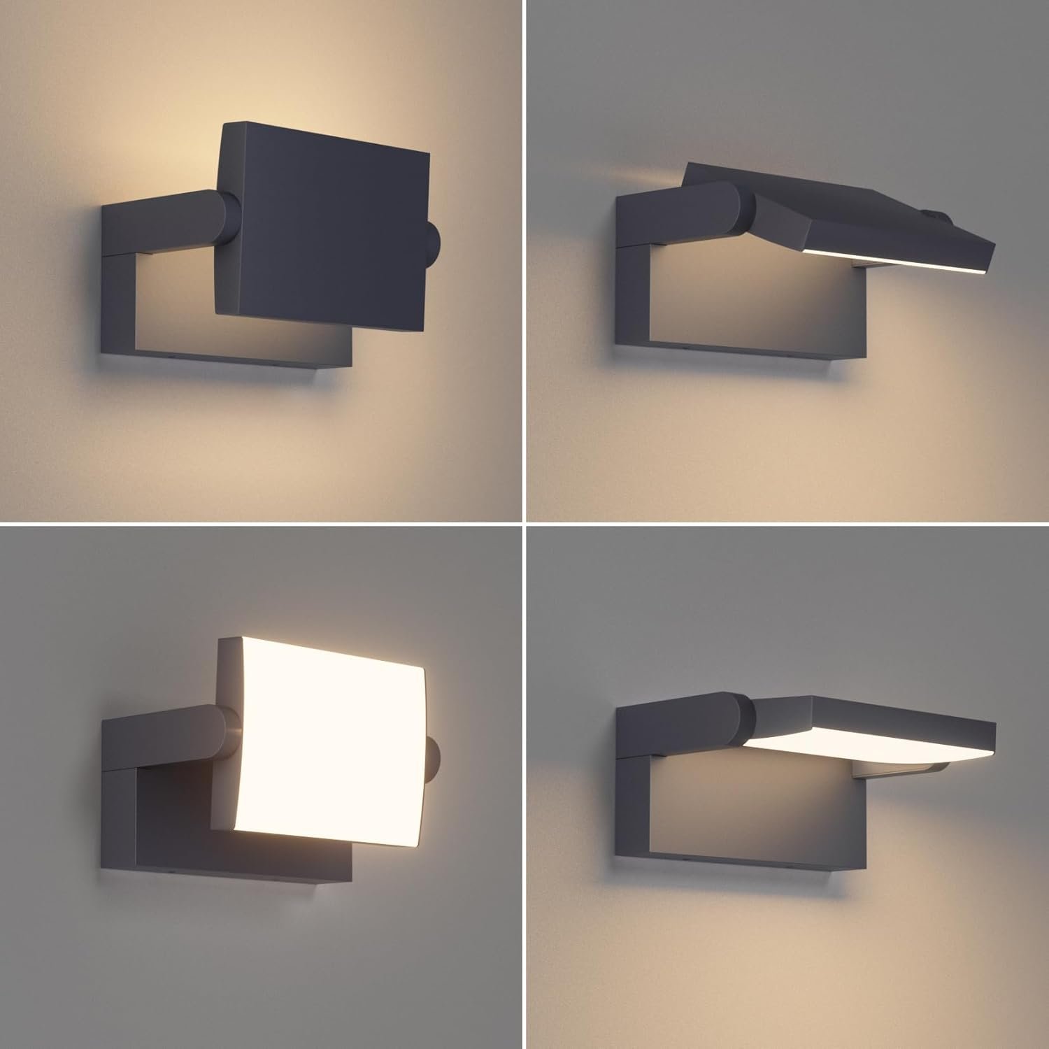 A modern wall-mounted light fixture shown in four stages: off, slightly turned on, fully illuminated, and at an angle with light directed downwards.
