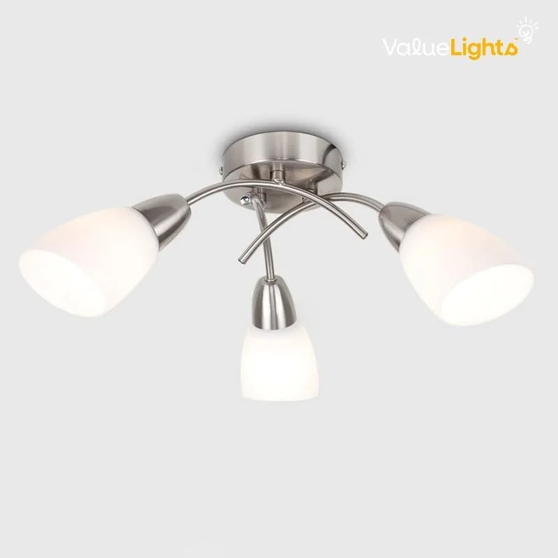 A modern ceiling light fixture with three frosted glass shades attached to a brushed nickel base, mounted on a white ceiling.