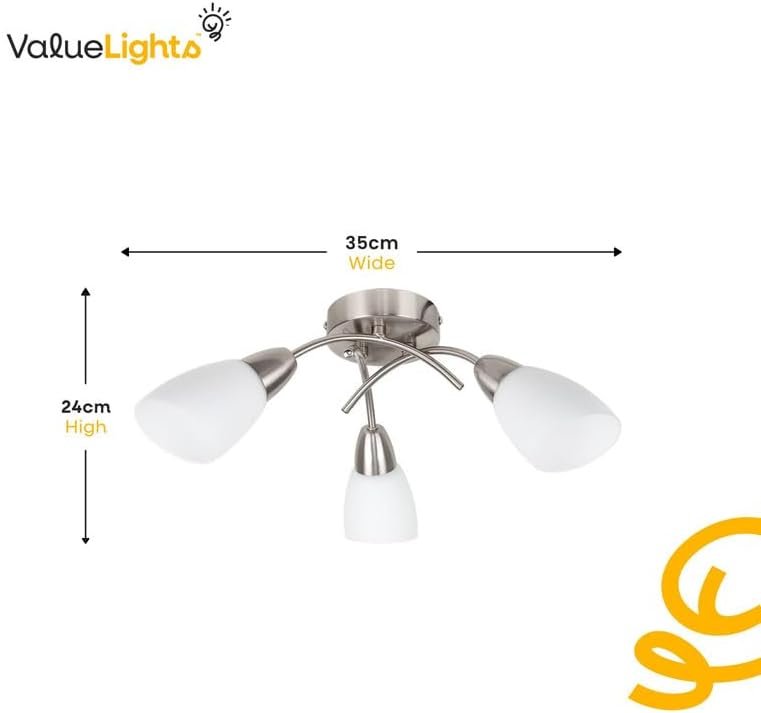 Ceiling light fixture with three frosted glass shades, measuring 35cm wide and 24cm high, with a modern metallic finish.