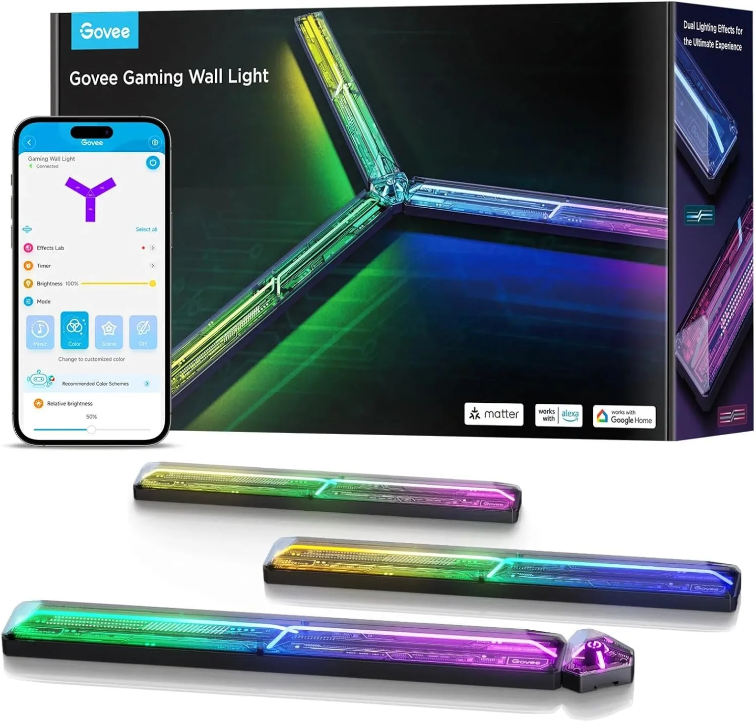 Boxed Govee Gaming Wall Light with four RGB LED light bars and a mobile app interface shown on a smartphone, featuring customizable colors and lighting effects.