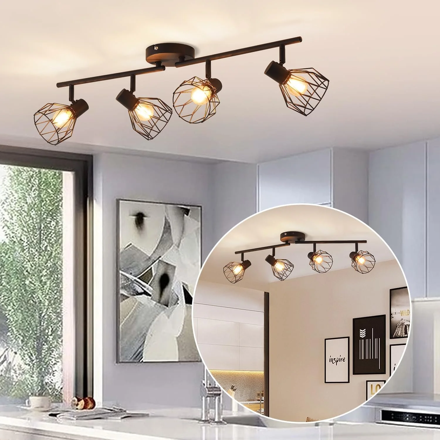 Modern ceiling light fixture with four exposed bulbs in black geometric wire cages installed in a kitchen or living space.