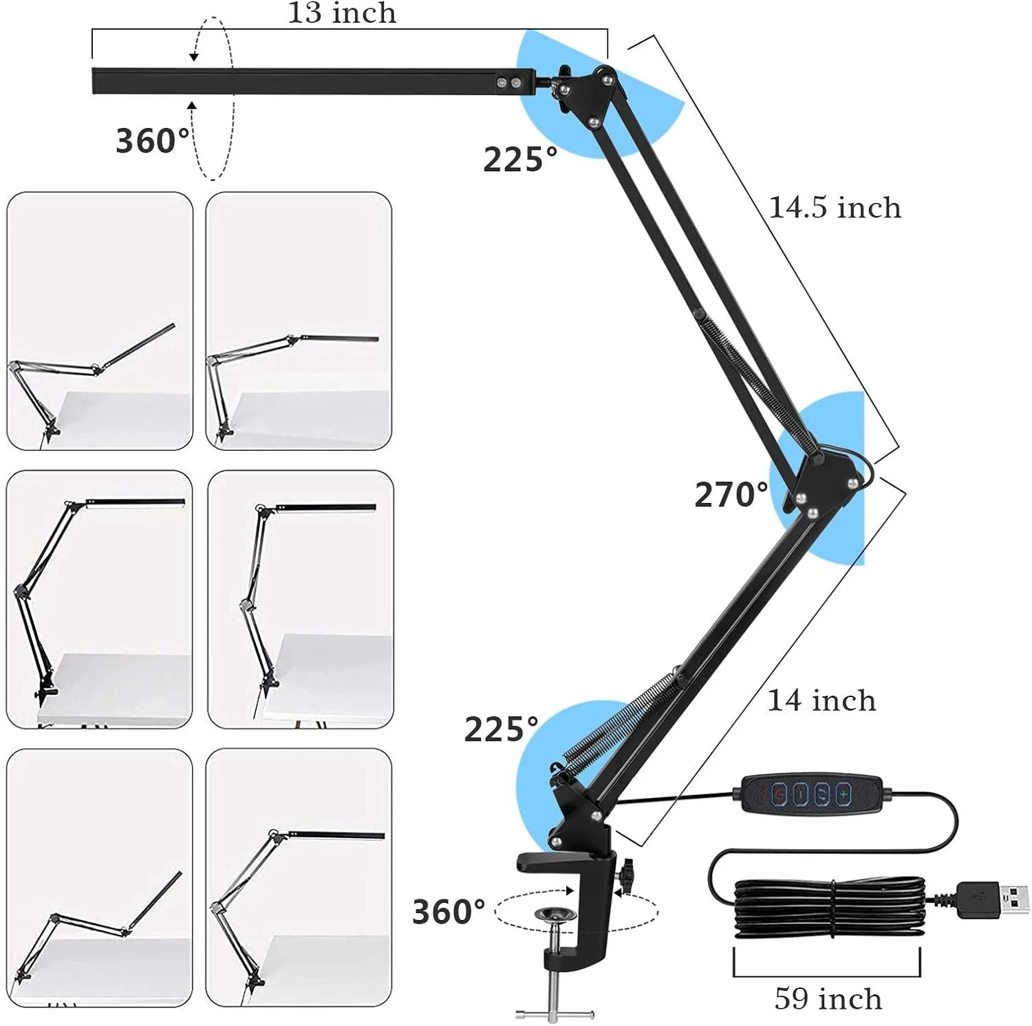 Diagram of a flexible adjustable arm lamp with measurements and rotation angles. The arm extends 14.5 inches and 14 inches, with a base clamp width of 59 inches, showing various movement positions and a 360-degree rotation capability.