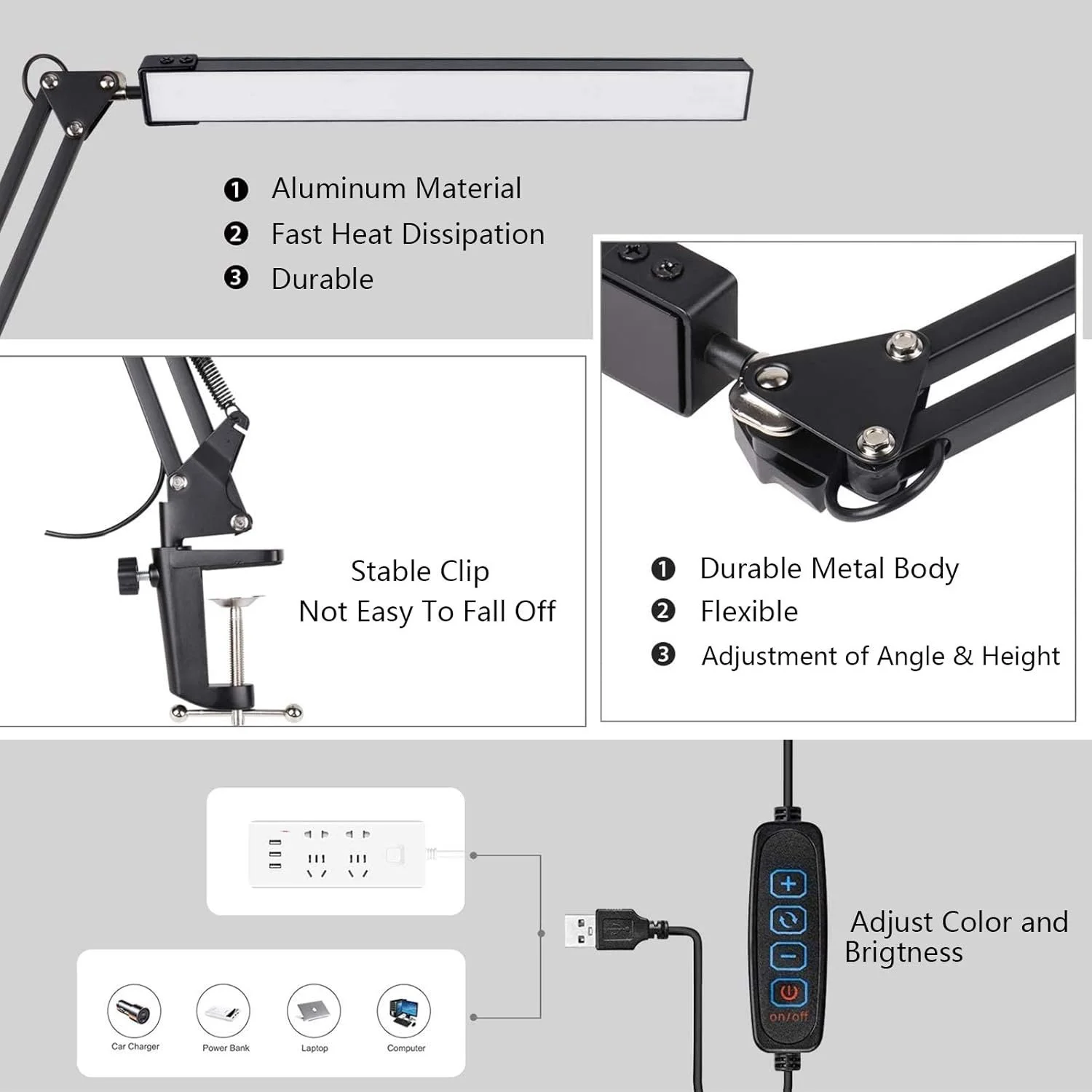Diagram of an adjustable LED desk lamp with black metal body, featuring a stable clamp, flexible arm, and remote control for color and brightness adjustments. The diagram highlights the lamp's aluminum material, fast heat dissipation, and durability.