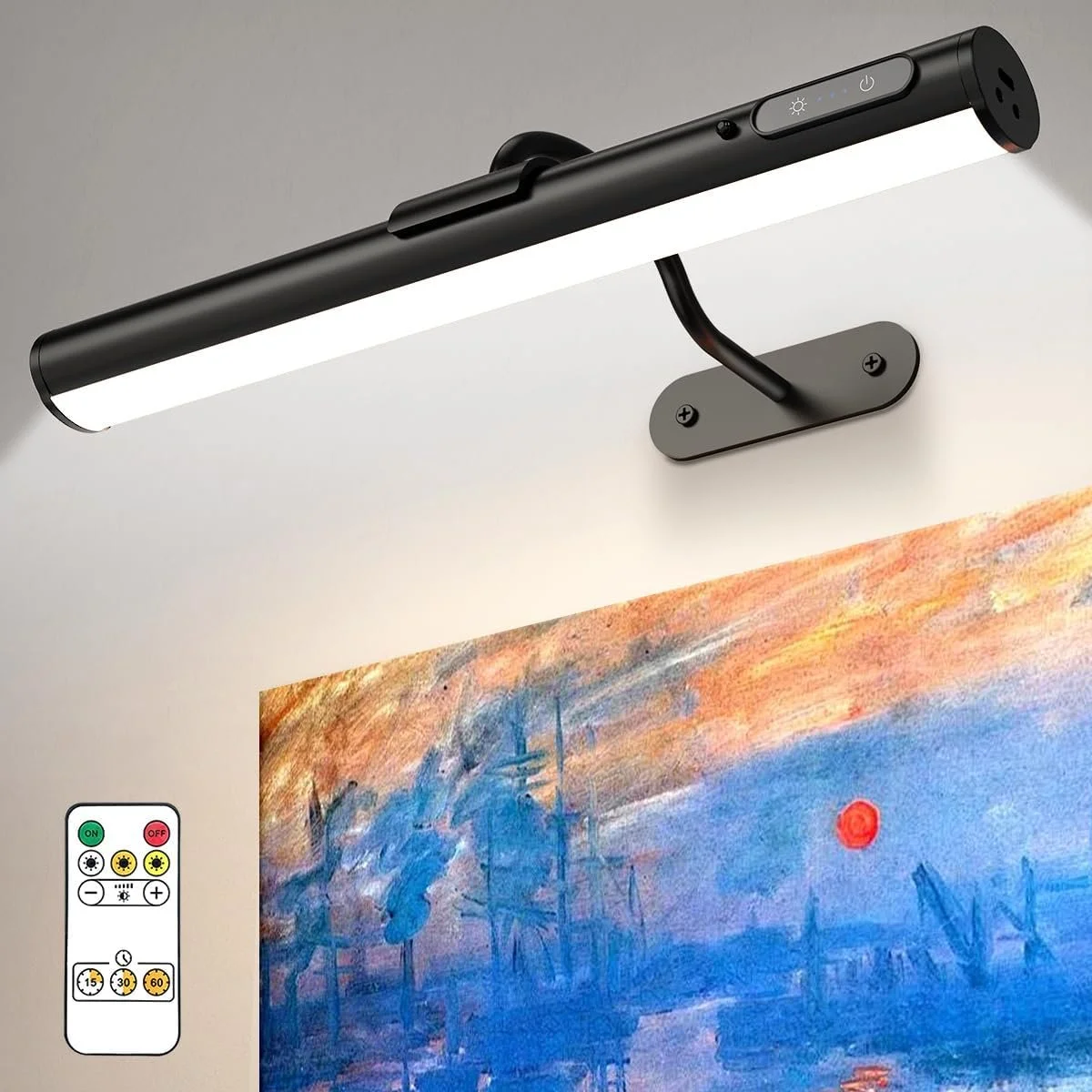 A black picture light mounted on a wall illuminating a colorful painting with abstract brushstrokes.