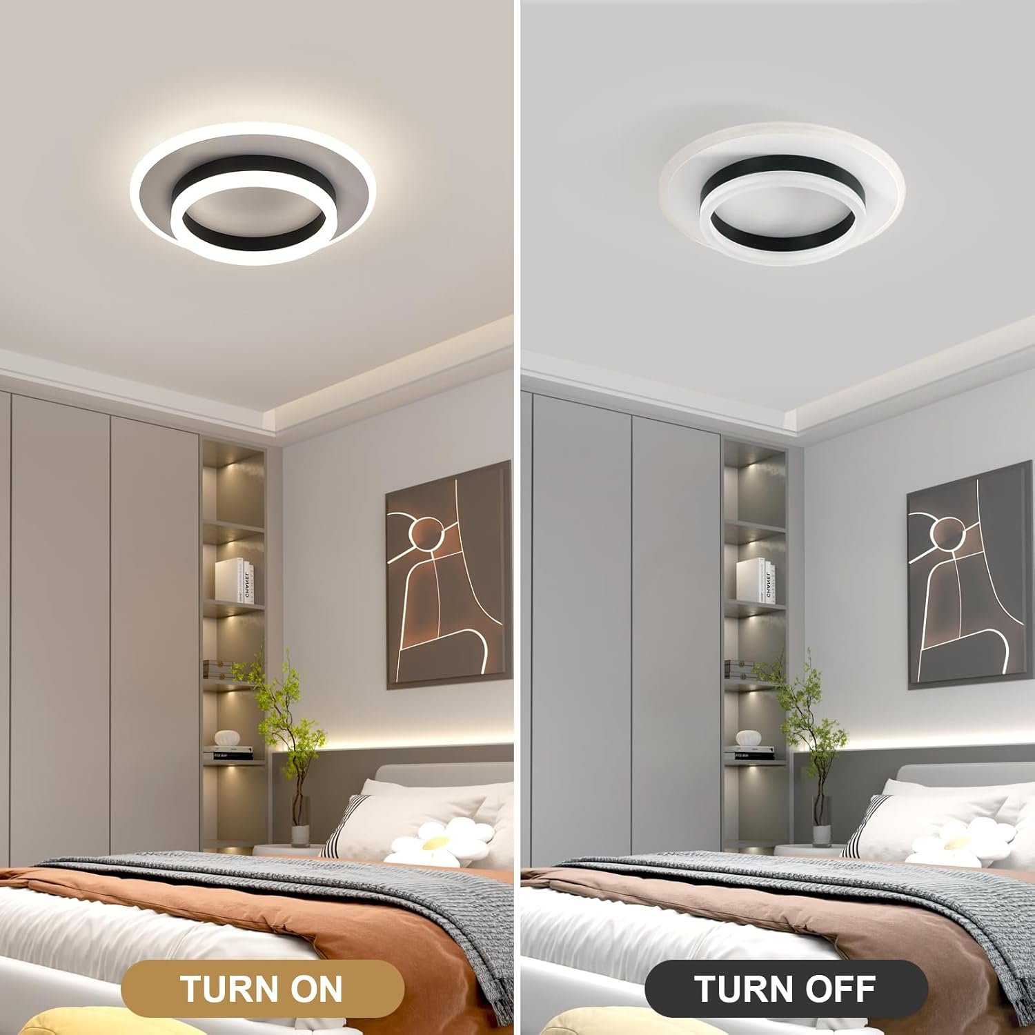 Comparison of a modern bedroom with a ceiling light turned on in the left image and turned off in the right image.