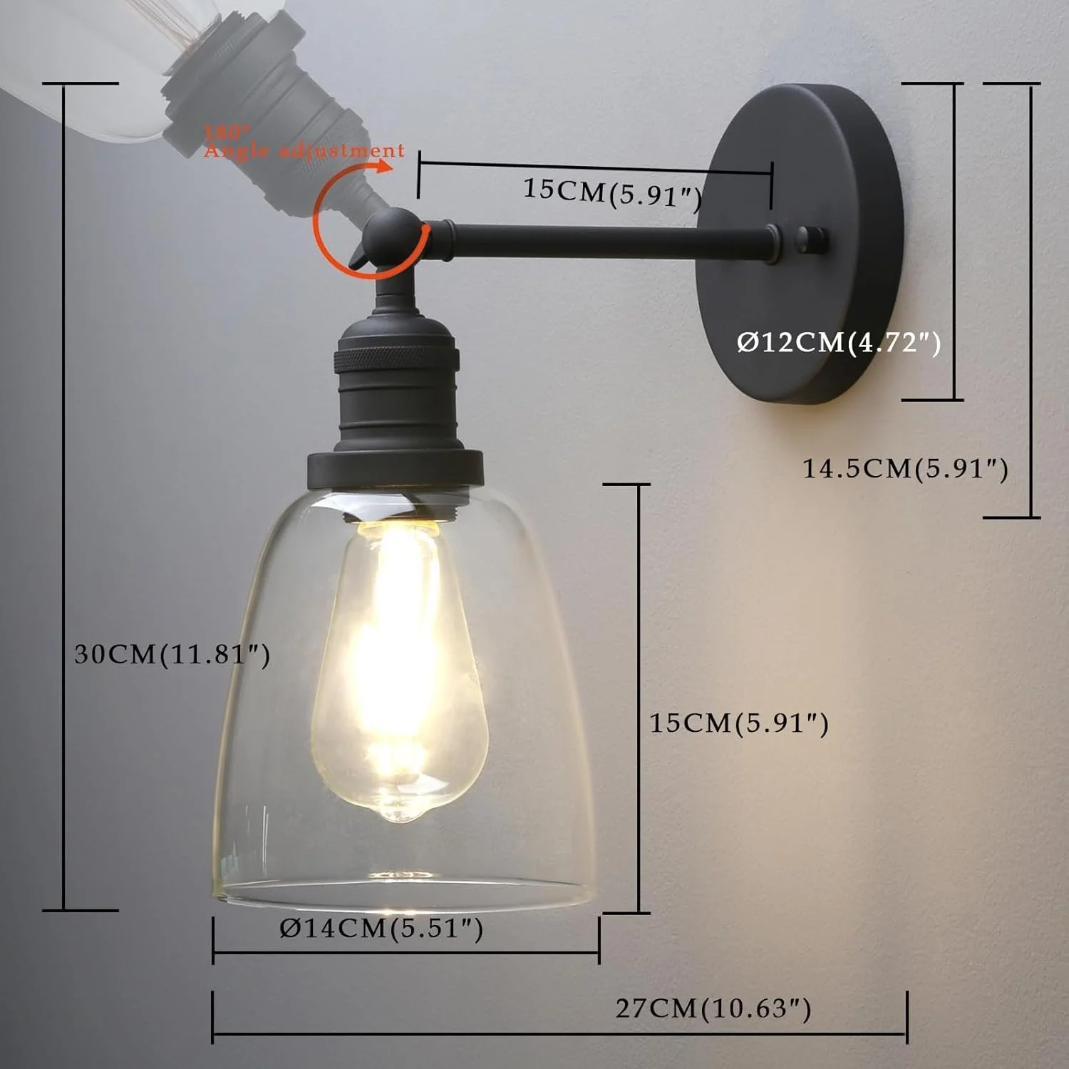 Wall-mounted lamp with adjustable black arm, clear glass shade, and exposed filament bulb. The image includes measurements of the lamp's dimensions, such as arm length, shade diameter, and wall base diameter.