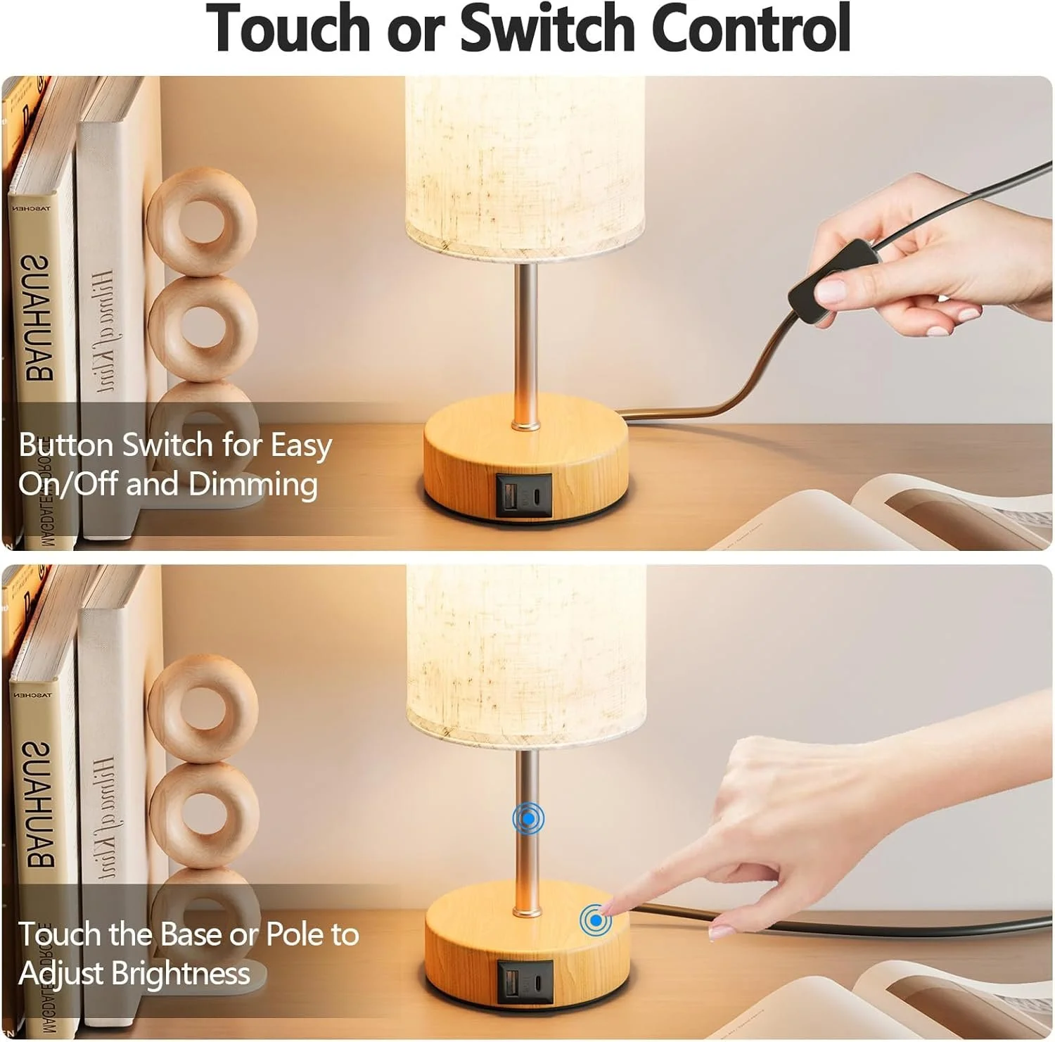 A tabletop lamp with a wooden base, showing a person touching the switch for on/off and dimming, and adjusting the brightness by touching the base or pole.
