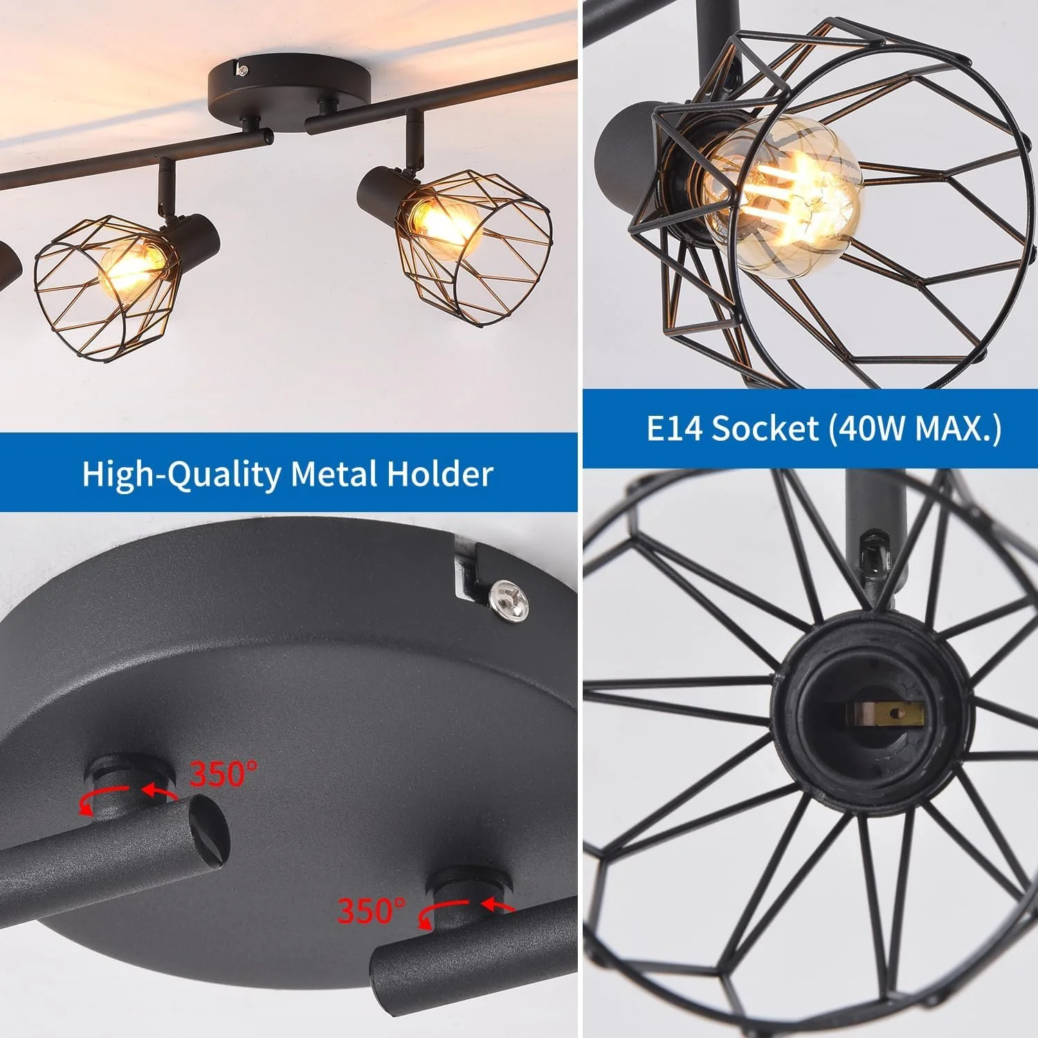 A modern black metal multi-light ceiling fixture with three exposed bulbs enclosed in wire cages, showcasing its high-quality metal holder, E14 socket compatible with up to 40 watts, and adjustable mounting angle of 350 degrees.