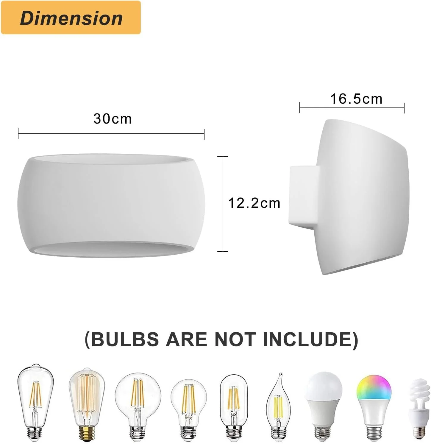 Diagram showing the dimensions of a white LED bulb socket, with measurements 30 cm by 12.2 cm and side view of the bulb base measuring 16.5 cm.