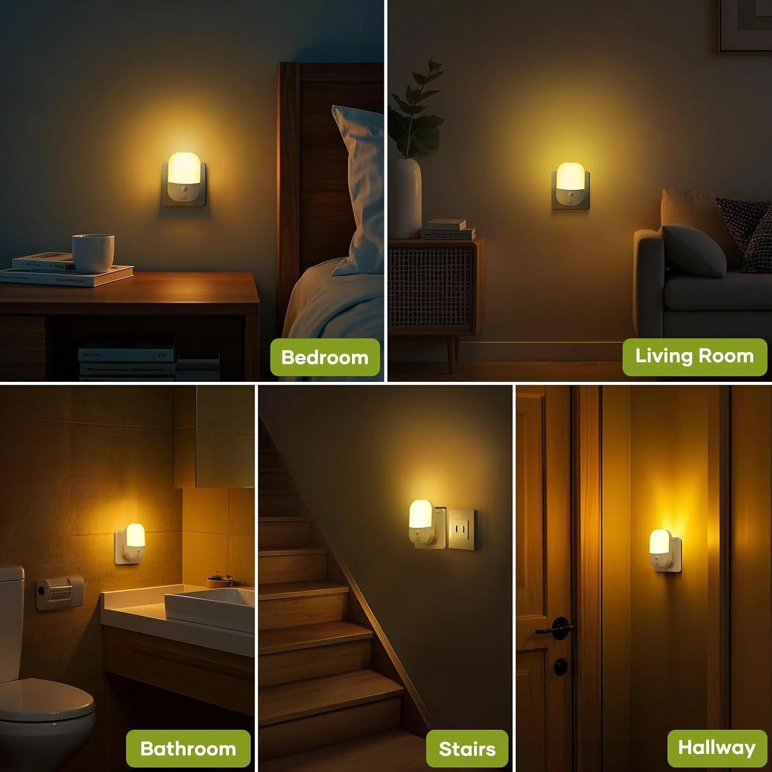 Lighting fixtures illuminating different rooms: bedroom, living room, bathroom, staircase, and hallway.