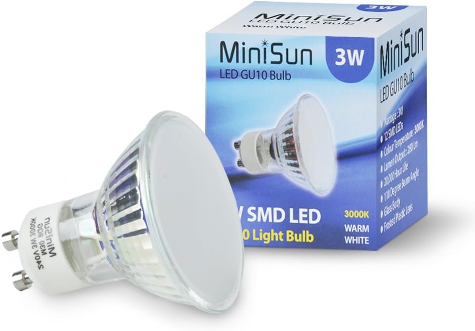 A MiniSun 3W LED GU10 light bulb next to its packaging box, which indicates it has a 3000K warm white light and is suitable for spotlights.