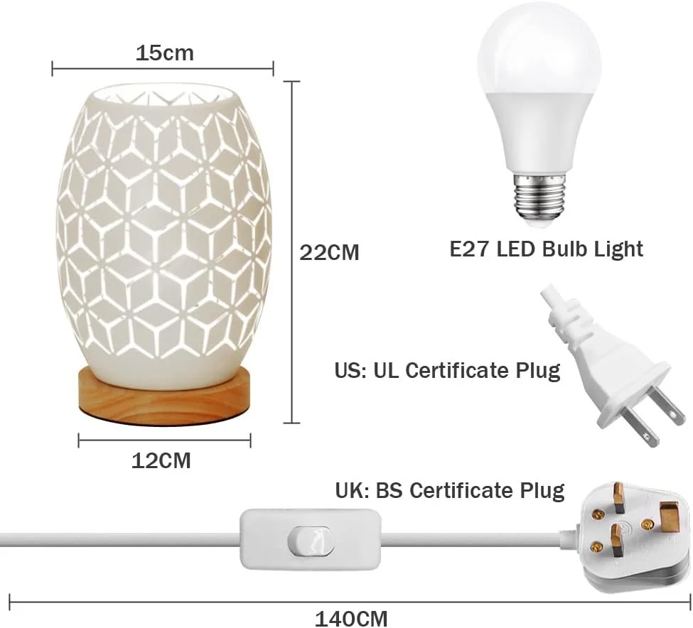 Lamp with geometric cutout design, measuring 22 centimeters tall and 12 centimeters wide, powered by a UK BS certificate plug, with an included E27 LED bulb light and a US UL certificate plug.