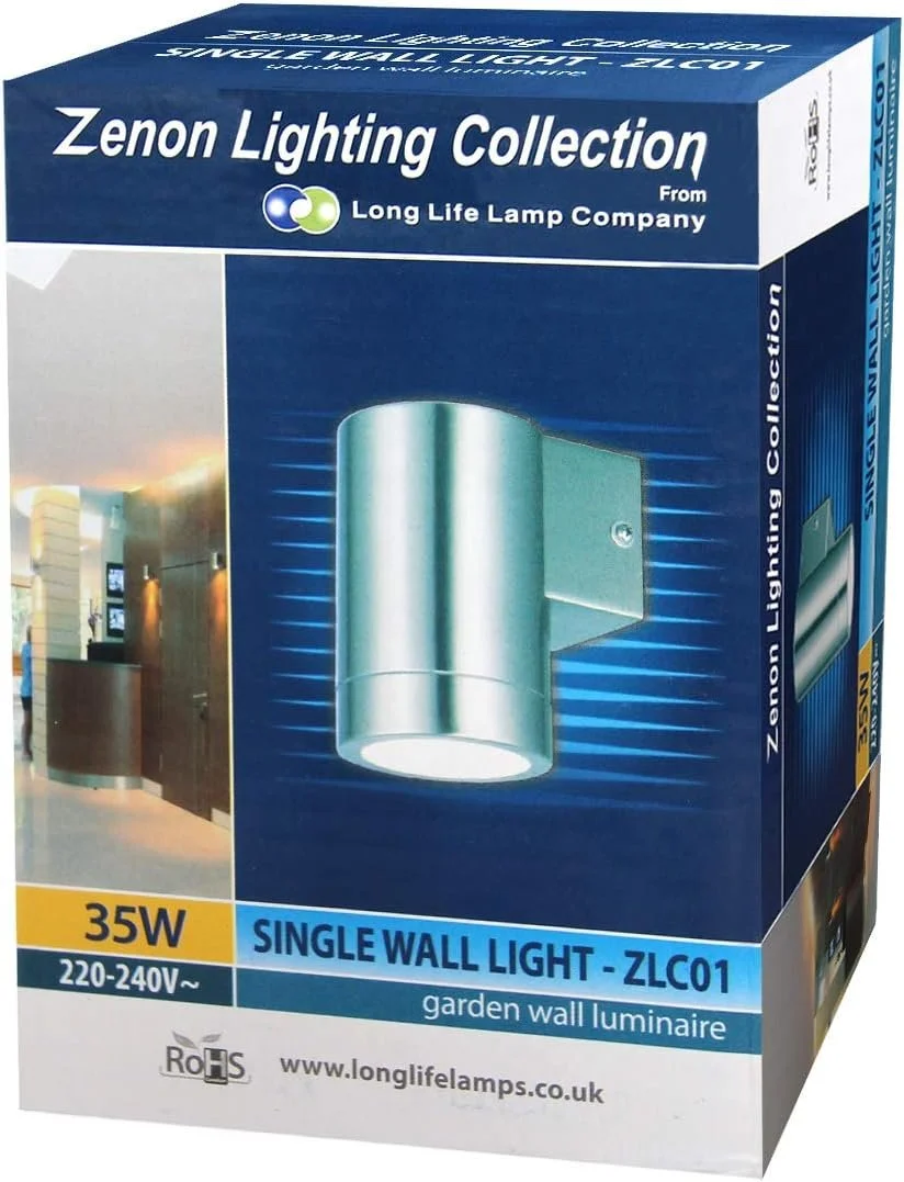 Front view of a blue and white box packaging for a Zenon Lighting Collection single wall light. The box features an image of a cylindrical wall-mounted light fixture and details about the product including 35W power, 220-240V, suitable for gardens, a