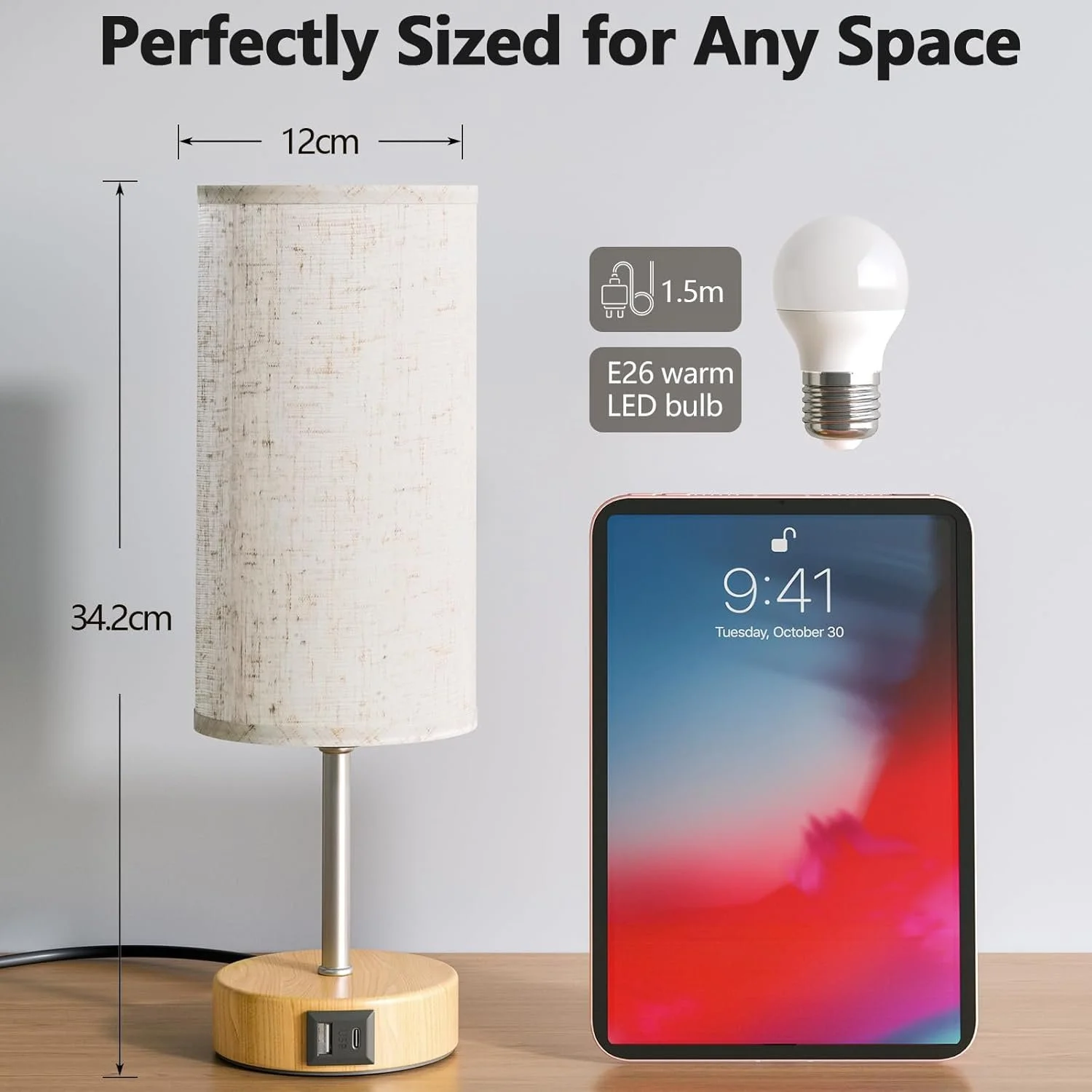 A diagram showing a vertically standing lamp, a light bulb, and a tablet, with measurements and labels. The lamp is 34.2 centimeters tall and has a 12-centimeter diameter lampshade. The light bulb is an E26 warm LED bulb, 1.5 meters in length. The ta
