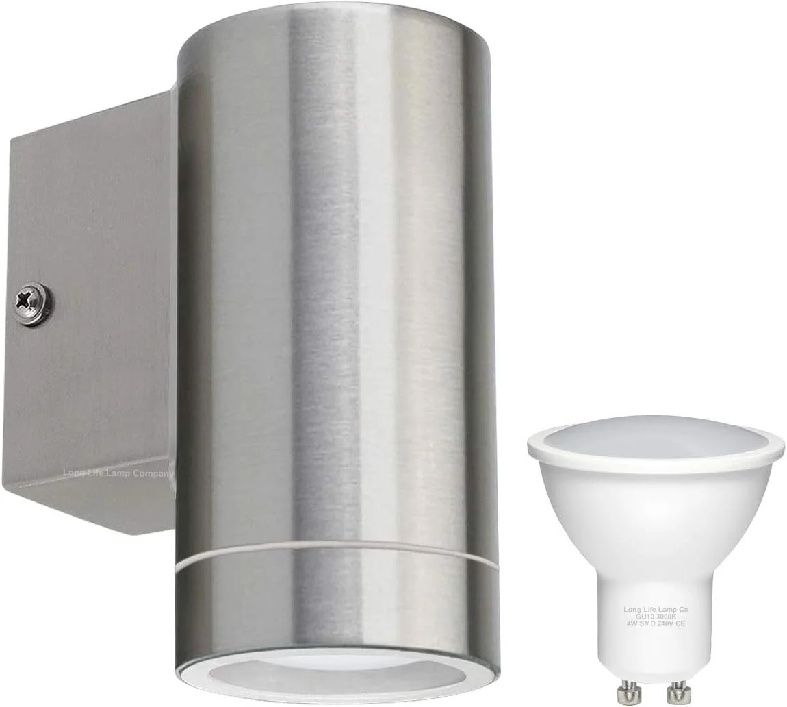 An LED wall light fixture with a silver metallic cover and a white LED bulb.