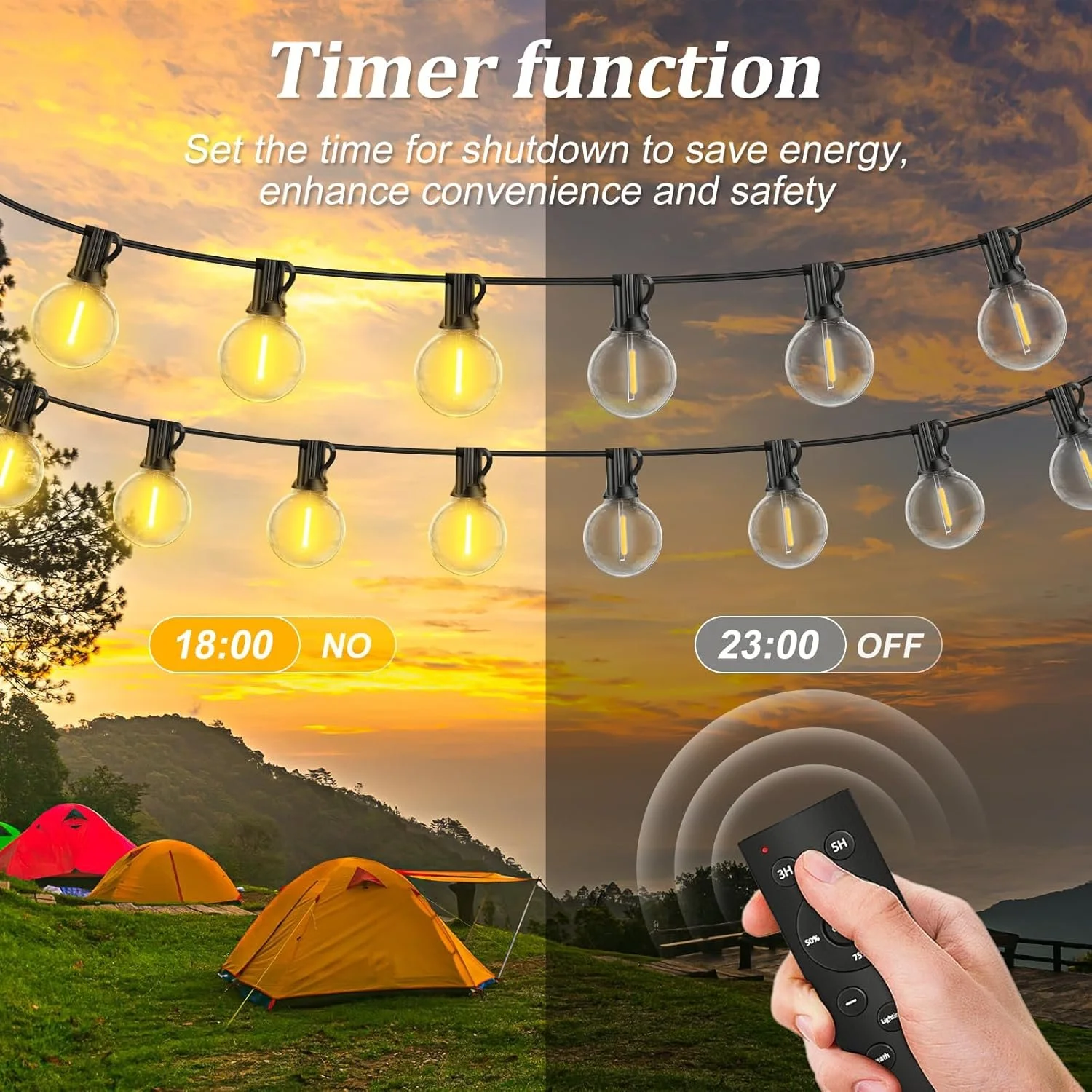 Display of an outdoor lighting system with a timer function for camping, showing the lights off at 11:00 PM and on at 6:00 PM, with tents in a scenic mountain setting at sunset.