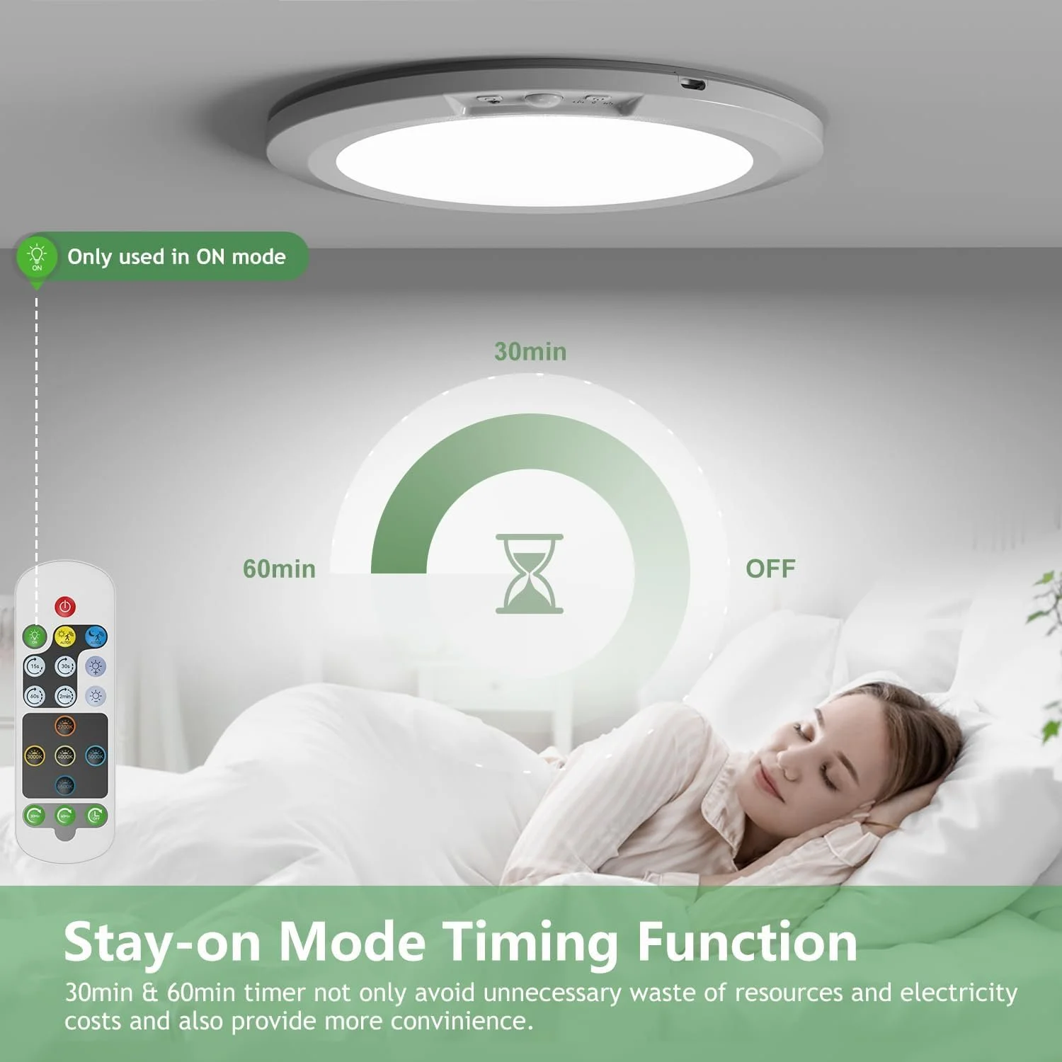 A woman sleeping in bed with an overhead automated lighting control panel displaying a timer setting from 30 to 60 minutes, with labels indicating 'Only used in ON mode' and 'Stay-on Mode Timing Function'.