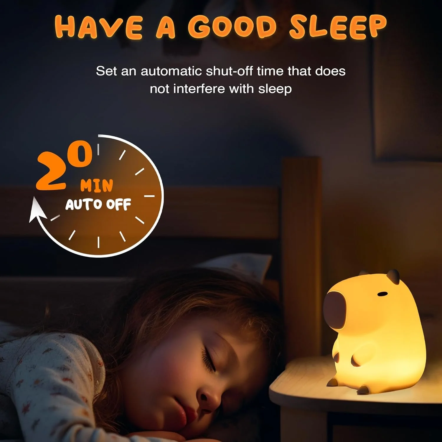 Girl sleeping peacefully with a cute bear-shaped night light on a bedside table. The image includes text encouraging good sleep by setting an automatic shut-off time for the night light.