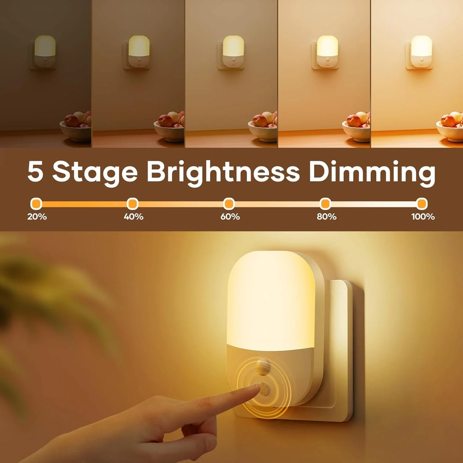 A diagram showing the five stages of brightness dimming for a light, with a slider marked from 20% to 100%. The lower part of the image shows a person pressing a button on a wall switch, illuminating a light that changes brightness.