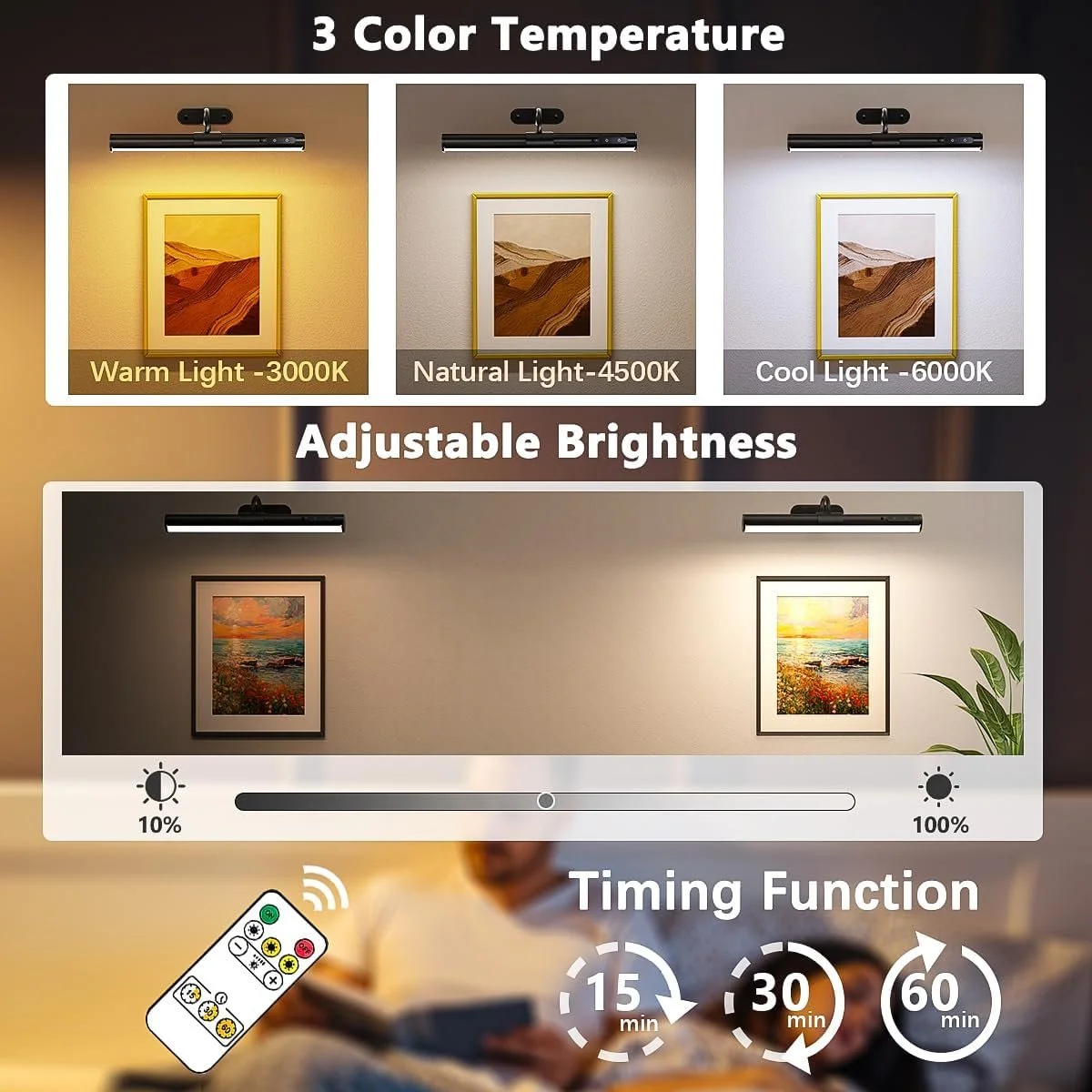 Display of adjustable picture lights showing three color temperatures: warm light at 3000K, natural light at 4500K, and cool light at 6000K. Below, the brightness is adjustable with a slider, and a remote control with multiple buttons is shown. The i