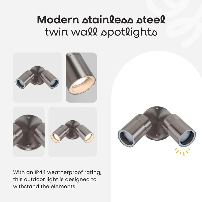 Modern stainless steel twin wall spotlight with adjustable arms and weatherproof IP44 rating.